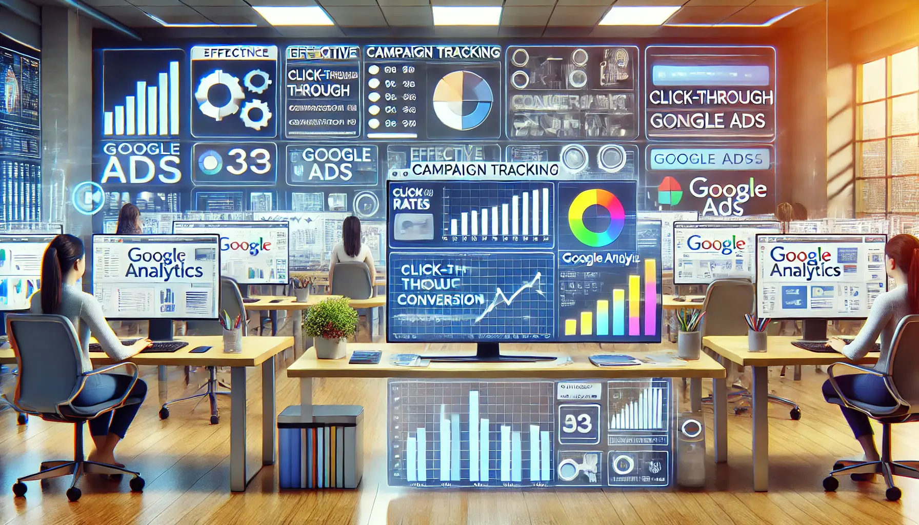 A modern workspace with multiple screens displaying various campaign tracking tools like Google Analytics, Google Ads, and other analytics platforms.