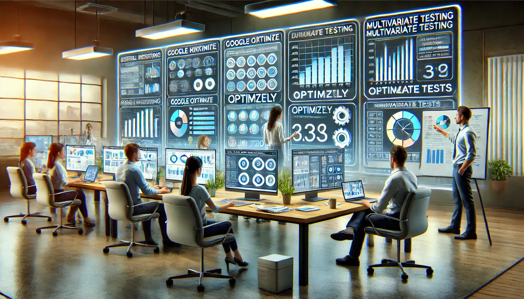 A digital marketing team analyzing data on multiple screens with advanced analytics tools for multivariate testing in a modern office.