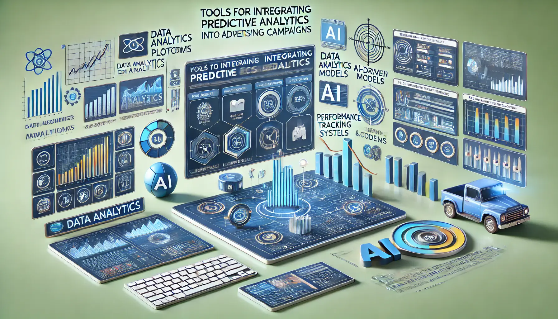 Digital interface showing tools like data analytics platforms and AI models for integrating predictive analytics into ad campaigns.