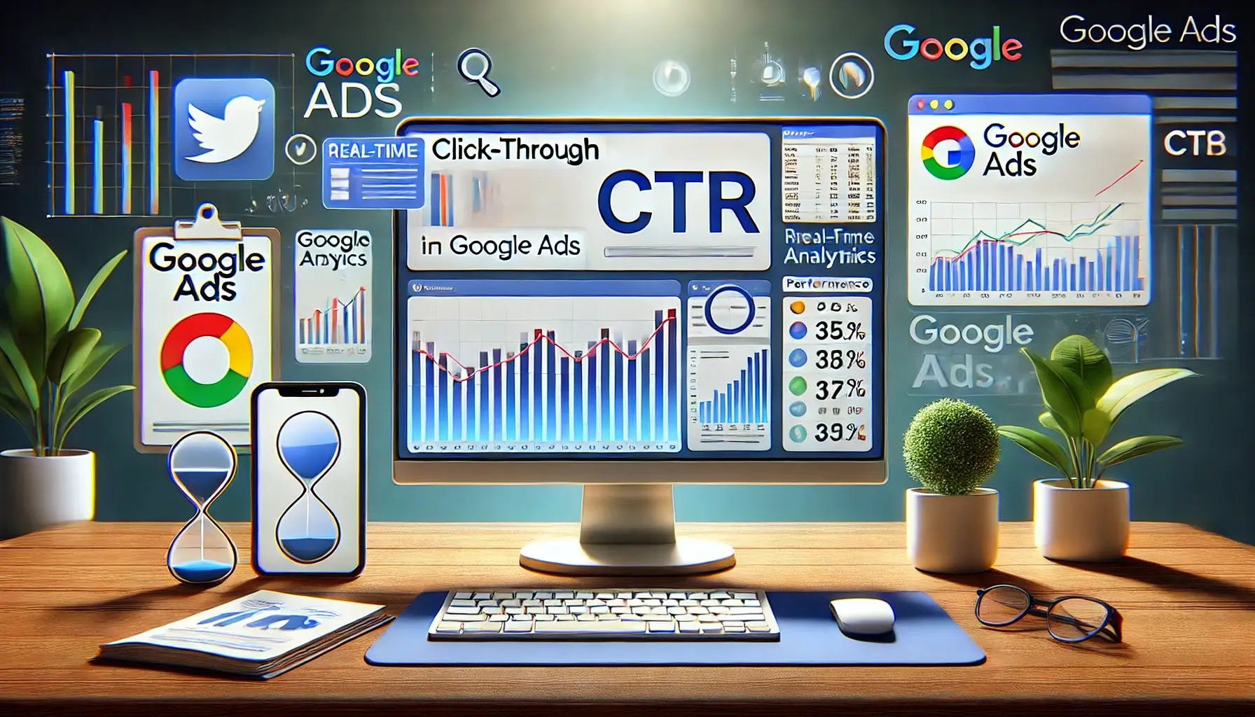 An illustration showing tools for monitoring click-through rates (CTR) in Google Ads with a computer screen displaying dashboards, graphs, and performance data.