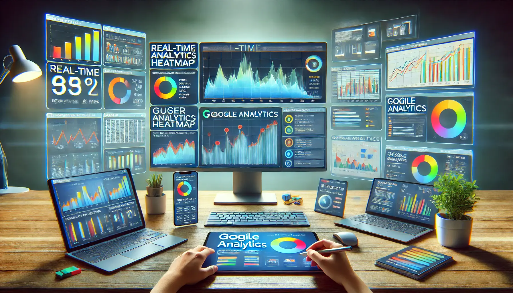 A modern digital workspace with multiple screens showing tracking tools, including heatmaps, Google Analytics data, and performance graphs.