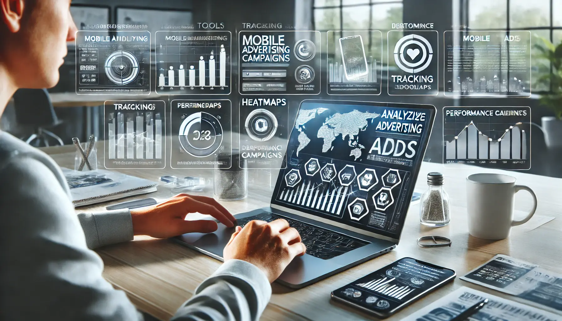 A person analyzing mobile advertising campaign data on a laptop, with graphs, heatmaps, and performance metrics displayed on the screen.