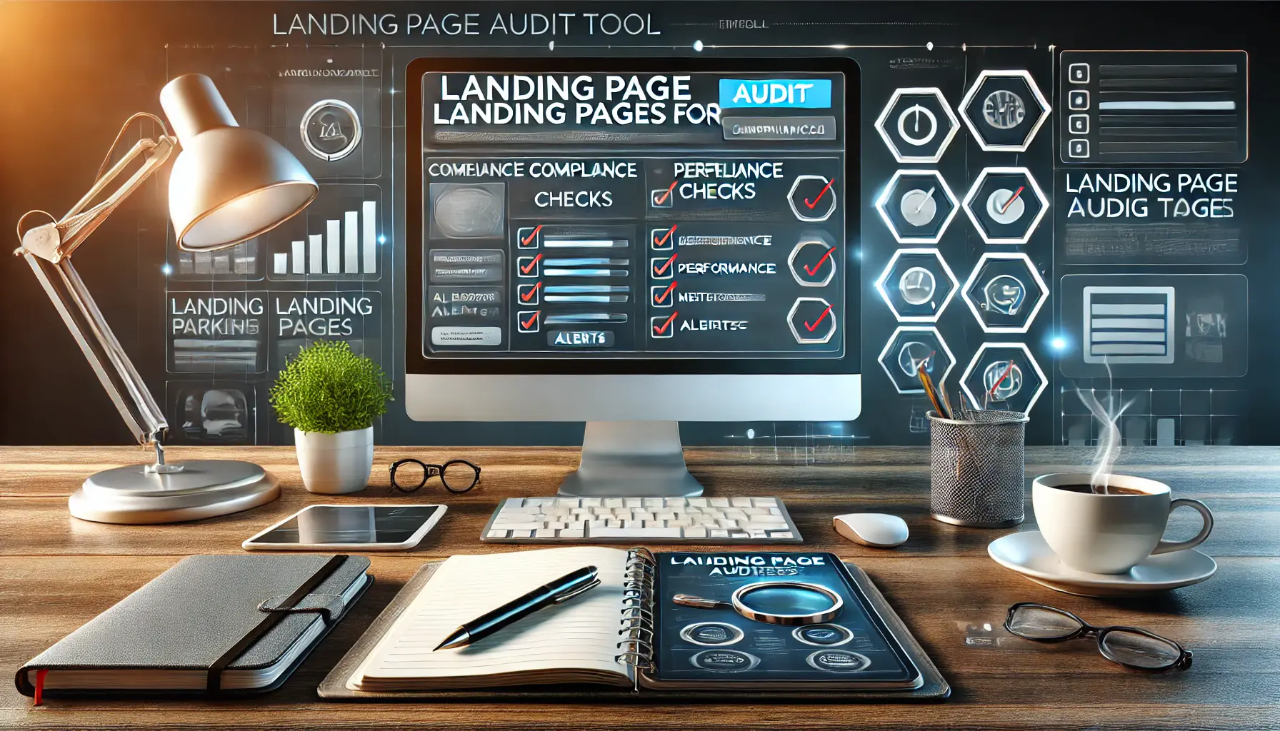 A digital marketing workspace with a computer screen displaying a landing page audit tool interface, surrounded by a tablet, notebook, and coffee cup.