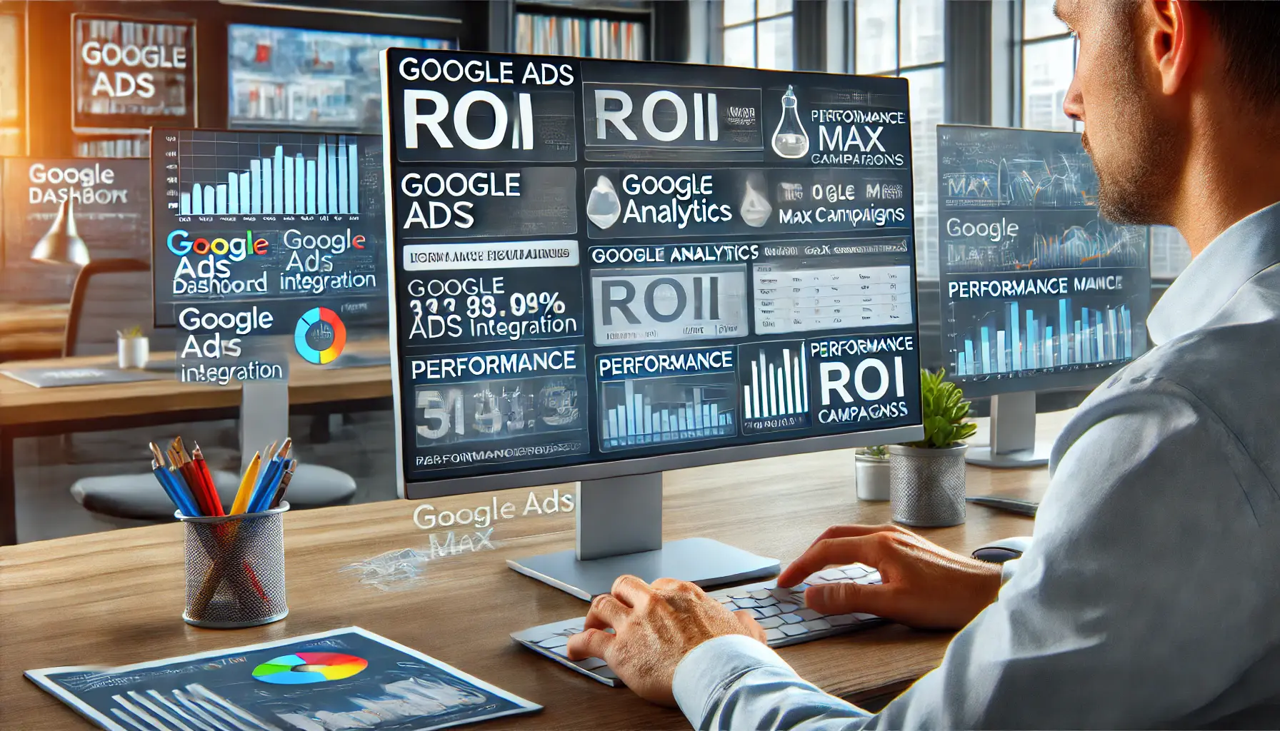 A digital marketing professional using a computer with Google Ads tools like Dashboard, Analytics, and Performance Max Campaigns visible on the screen in a modern office setting.