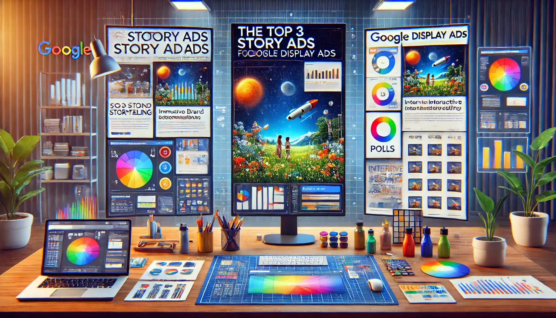 A digital workspace showing three screens, each displaying a different story ad concept: immersive brand storytelling, interactive elements, and sequential storytelling.