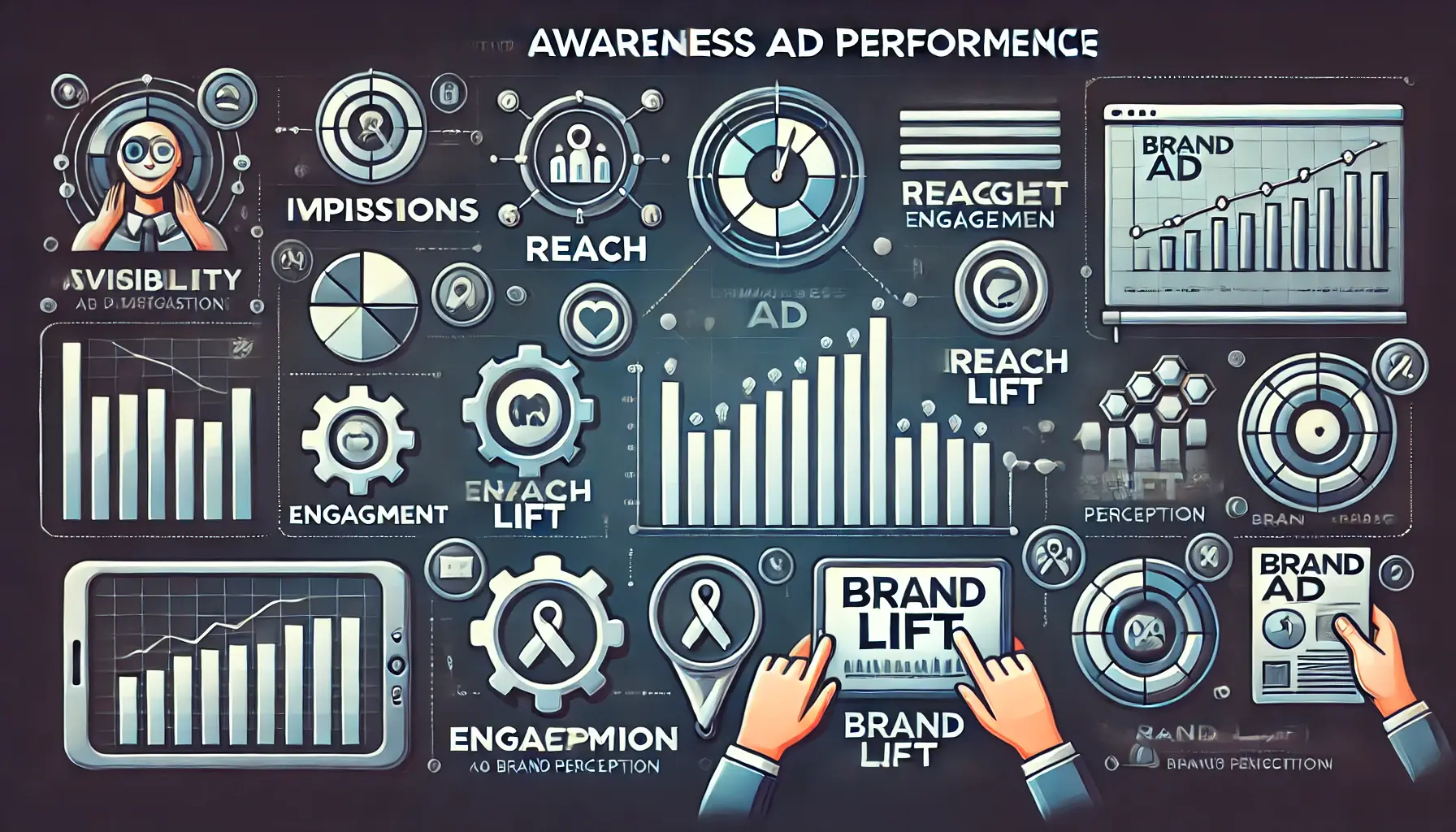 An illustration showing a data dashboard with graphs, icons representing impressions, reach, engagement, and brand lift metrics.