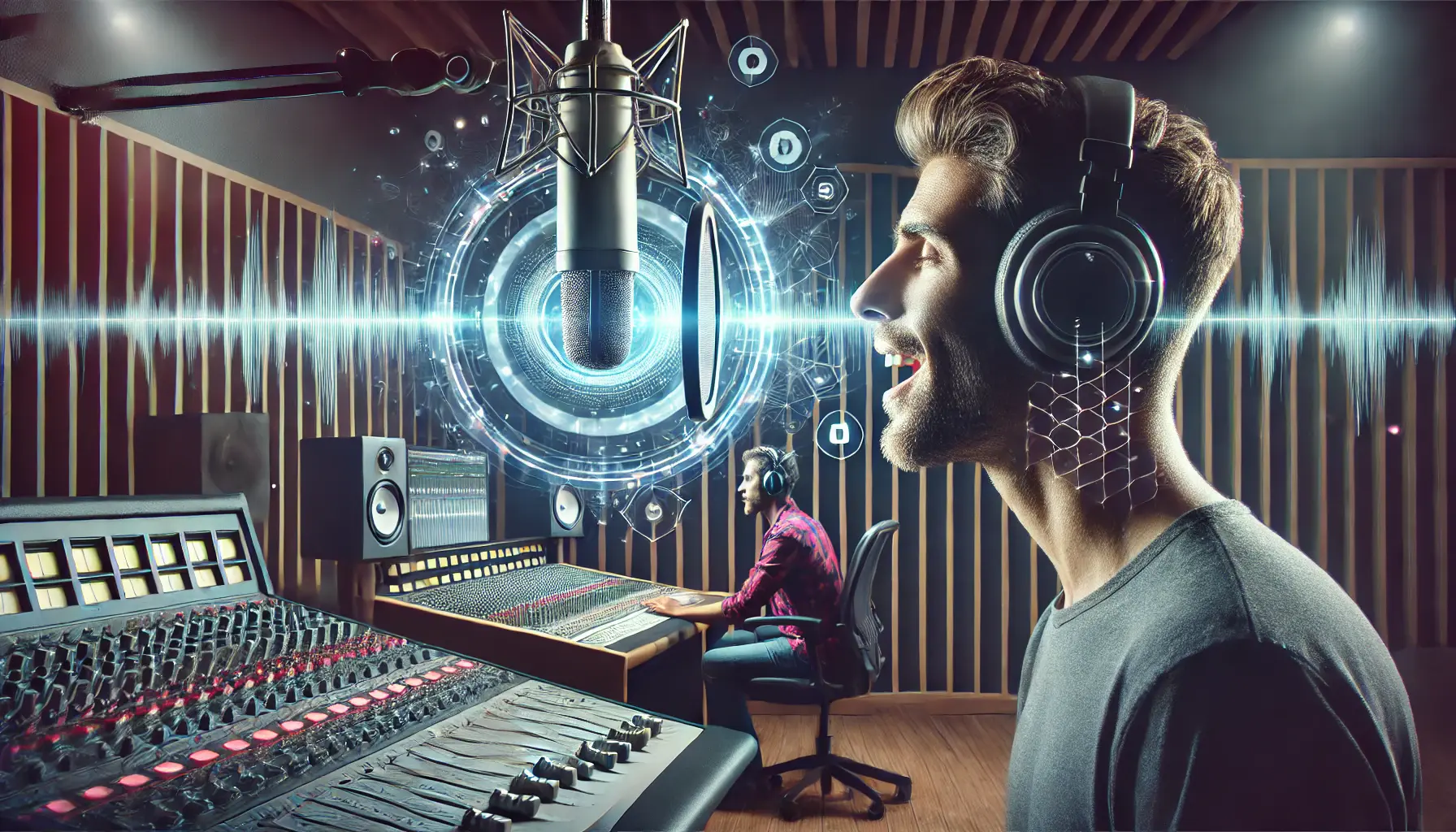 A voice actor in a recording booth with sound wave visualizations, while a sound engineer adjusts audio levels on a mixing console.