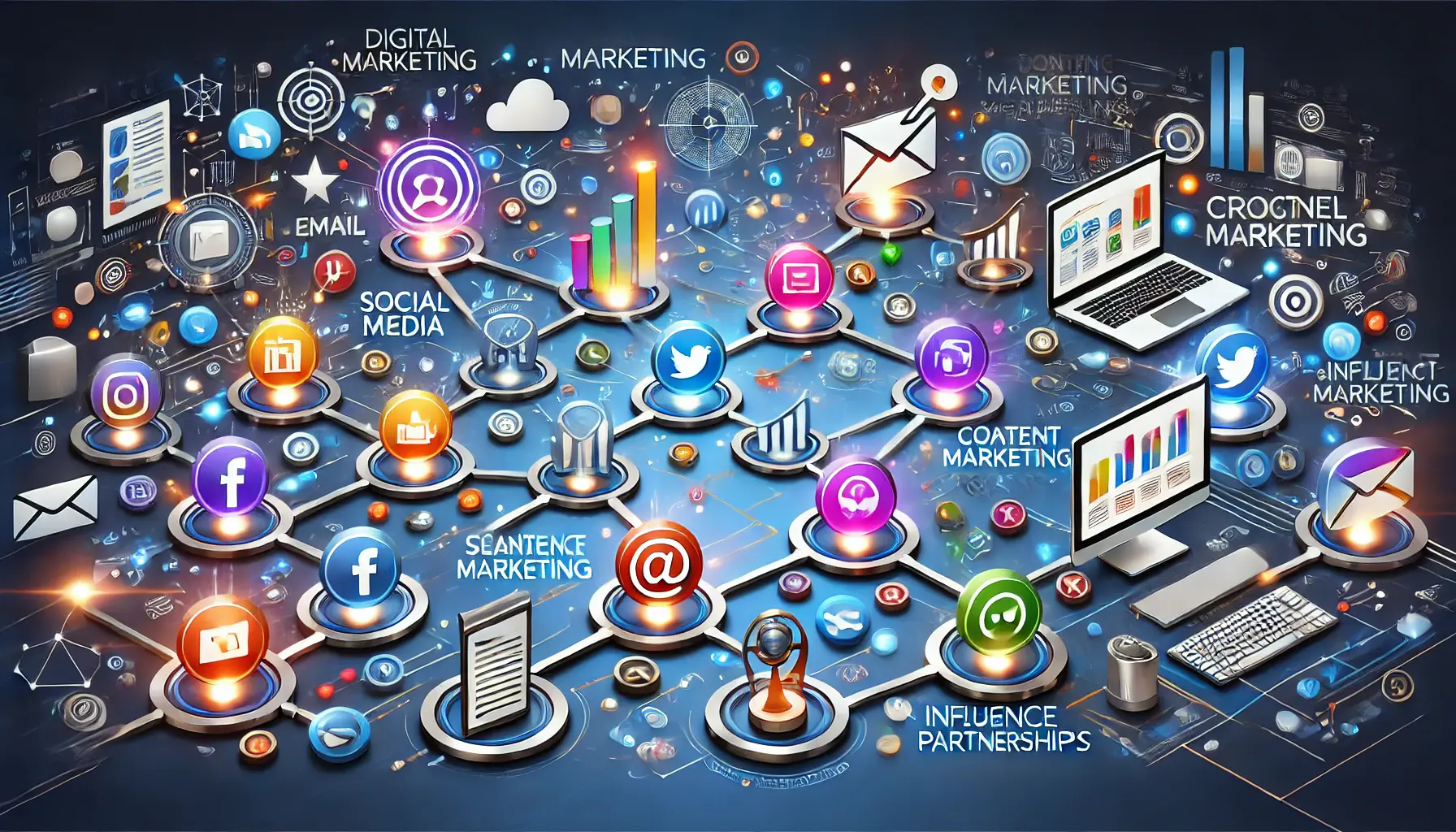 An image depicting interconnected digital marketing channels, such as social media, email, search engines, content marketing, and influencer partnerships, highlighting a unified cross-channel strategy.