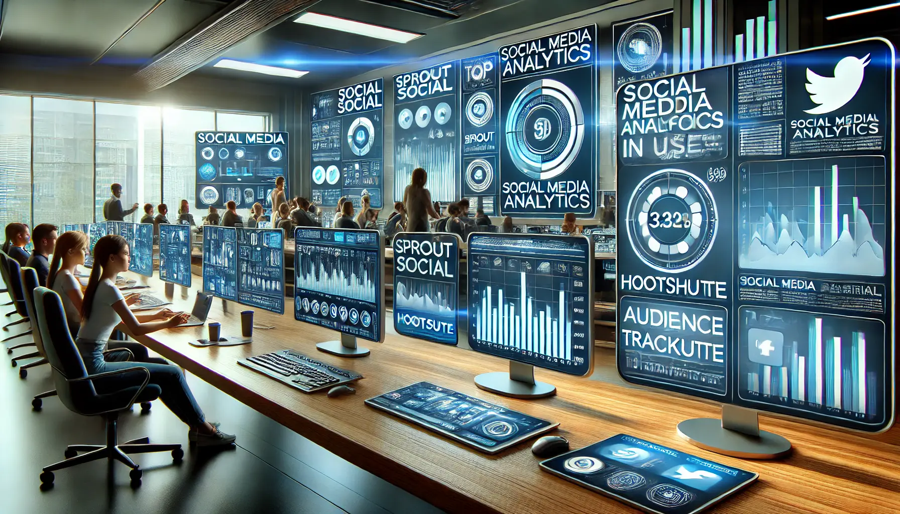 A modern digital workspace showcasing top social media analytics platforms with multiple screens displaying audience engagement, performance tracking, and campaign metrics.