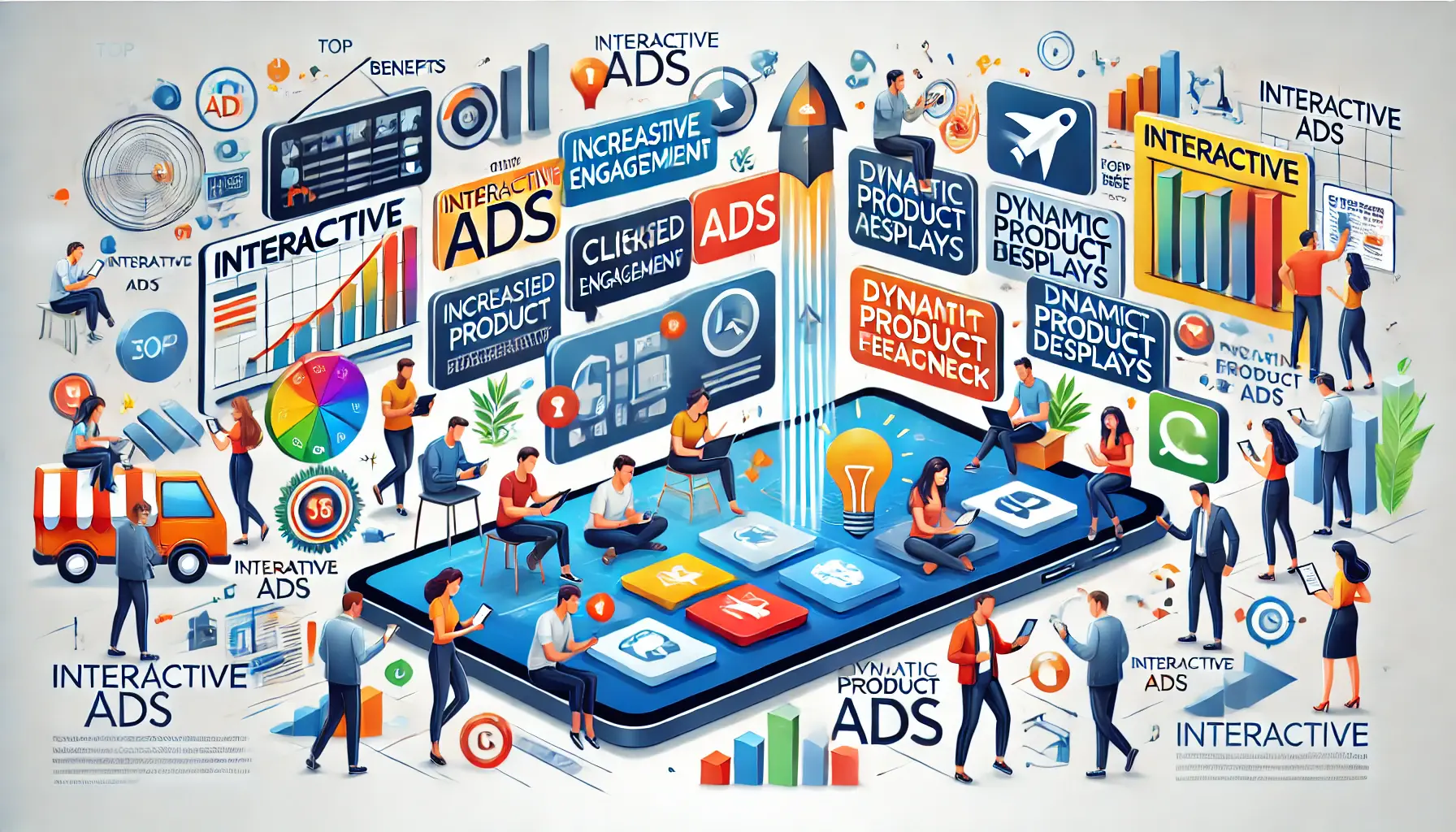 An illustration showing the benefits of interactive ads, including increased user engagement, brand awareness, and conversions, with users interacting through swipes, clicks, and gamified content.