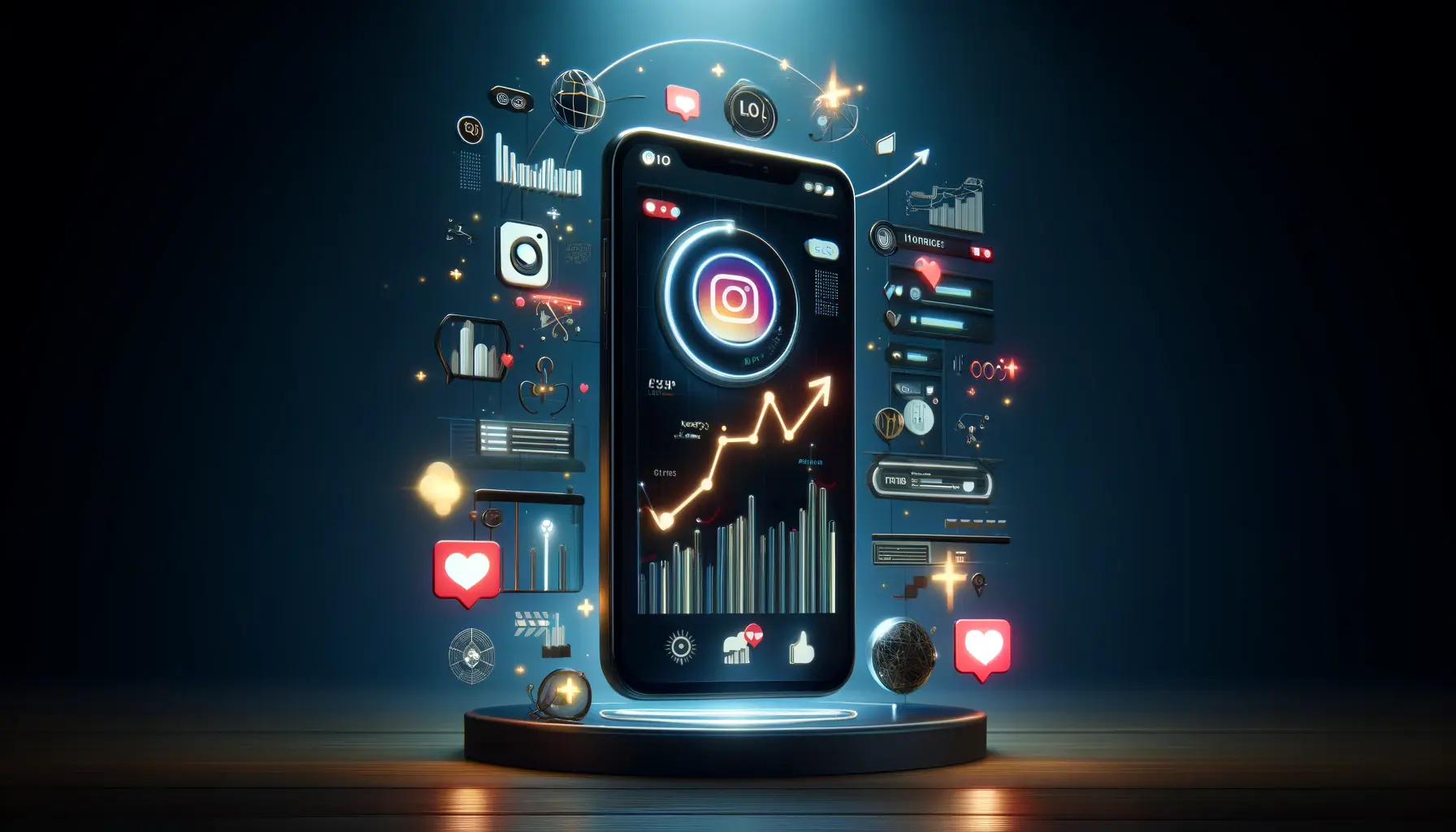 An image showing a smartphone displaying a popular Instagram Reel, surrounded by glowing engagement icons for likes, shares, and comments.