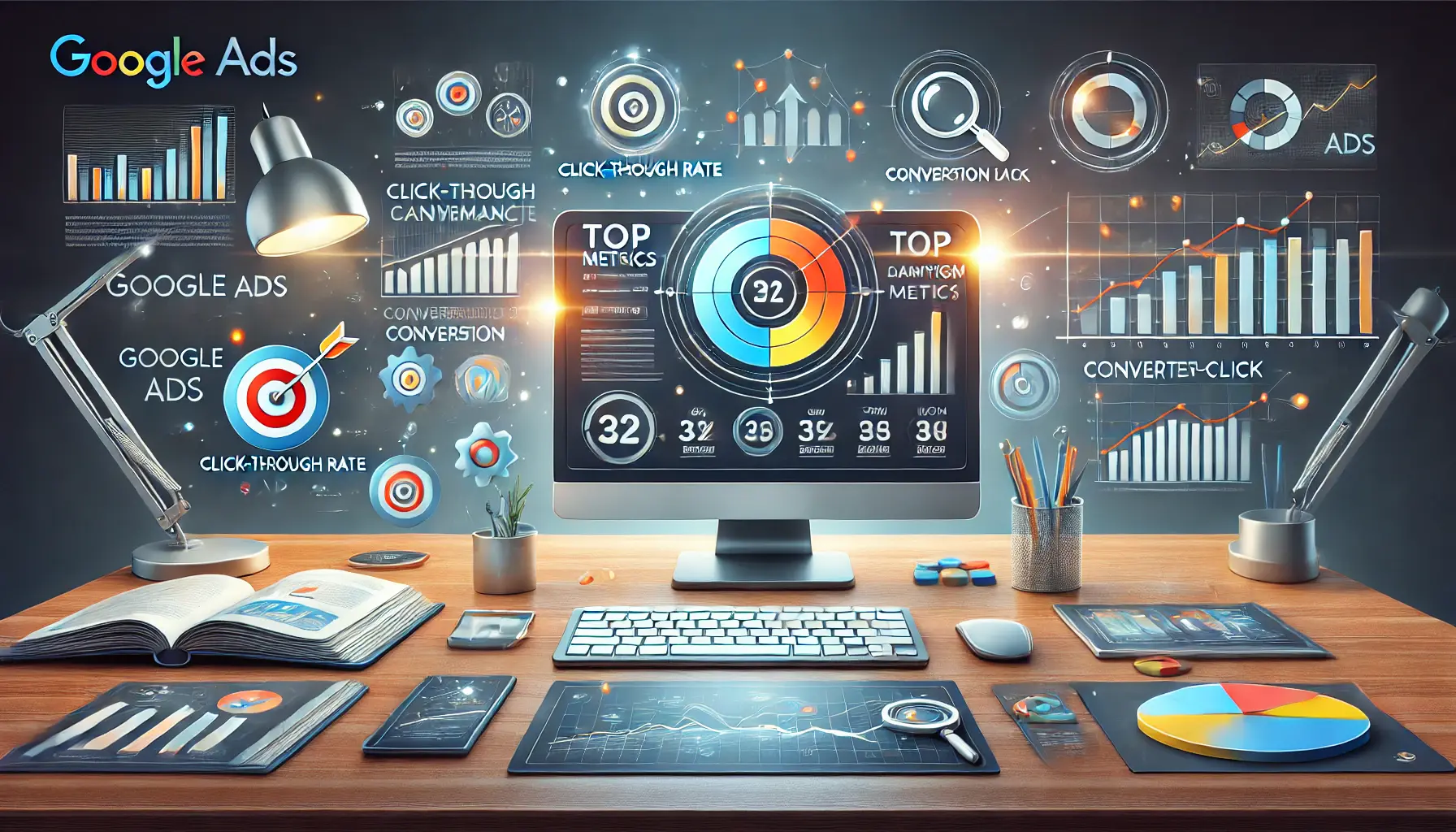 A workspace with a desktop computer displaying analytics dashboards showing performance metrics like click-through rate and conversion rate.