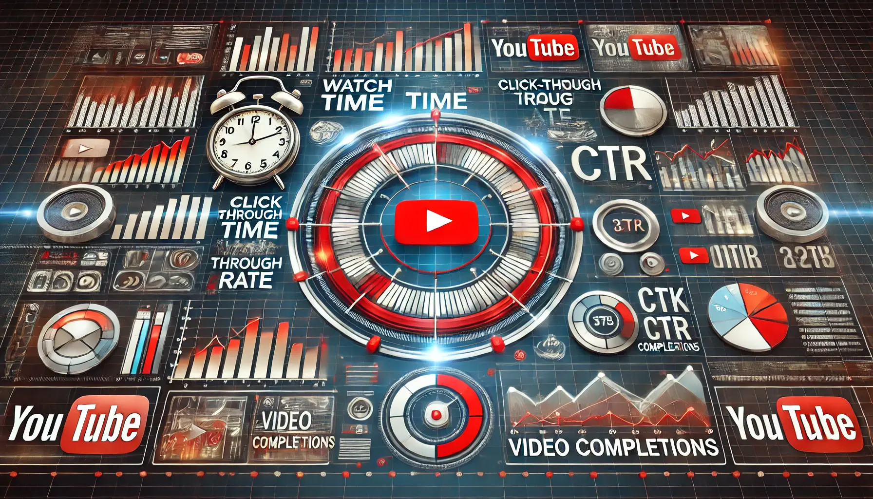 A digital dashboard displaying key YouTube viewer engagement metrics such as watch time, CTR, and video completions with relevant icons and graphs.