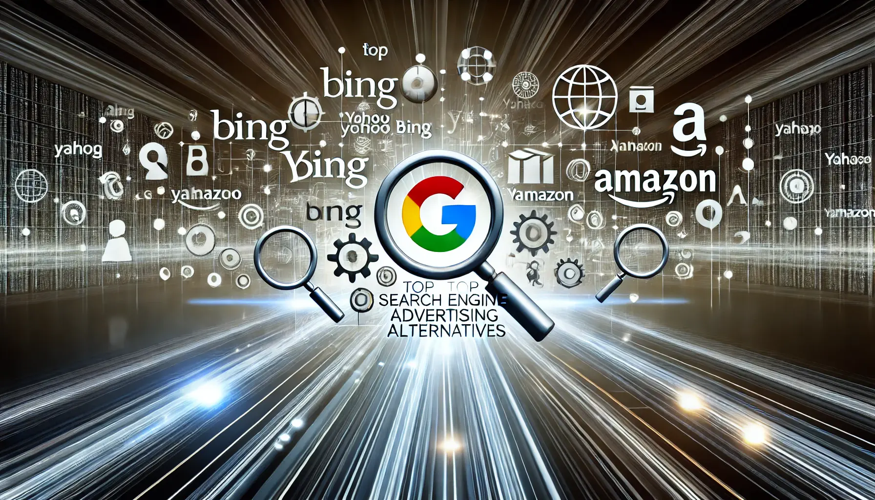 An abstract illustration showcasing alternative search engine advertising platforms like Bing, Yahoo, and Amazon with glowing pathways connecting to user networks, symbolizing diversity and innovation.