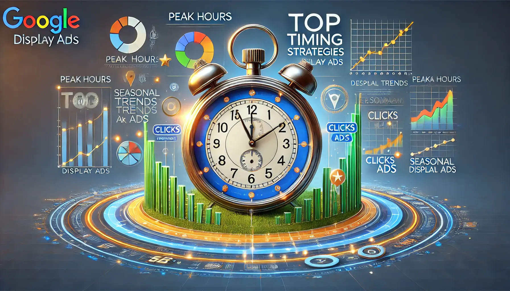 An image featuring a clock with multiple time segments, representing timing strategies for Google Display Ads, surrounded by dynamic graphs, performance indicators, and user engagement symbols.