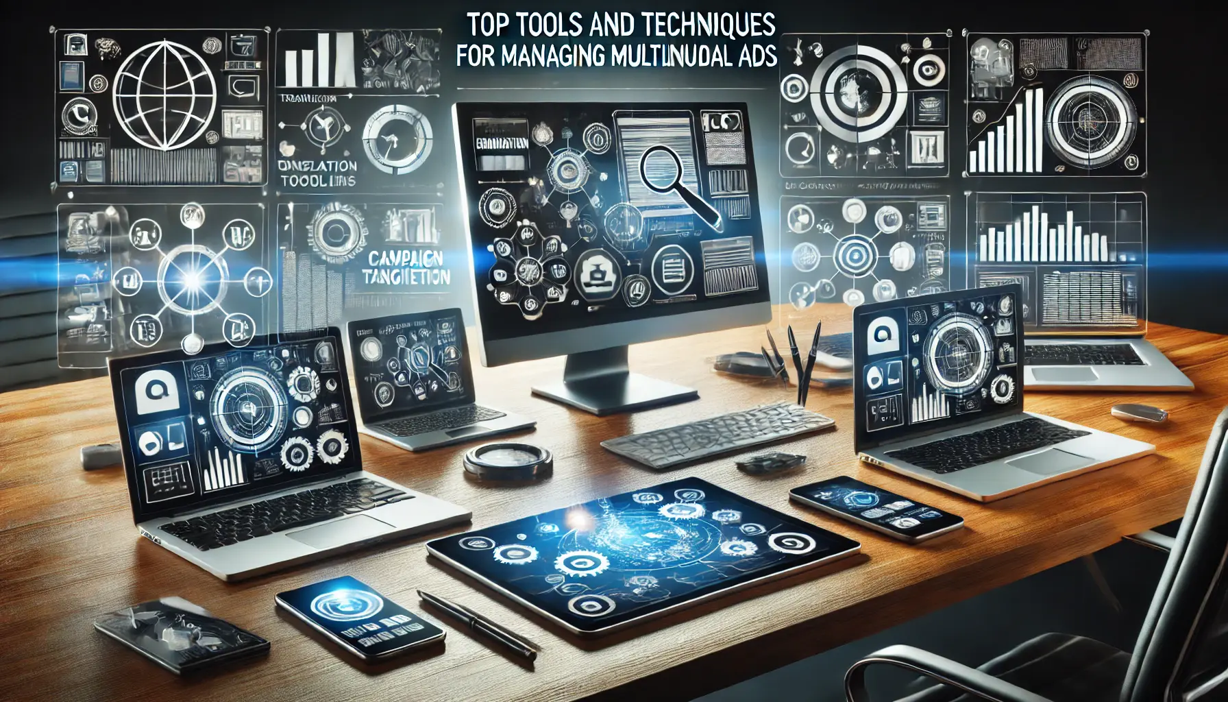 A modern workspace featuring devices displaying ad management tools and techniques for multilingual campaigns, surrounded by icons for translation, optimization, and targeting.