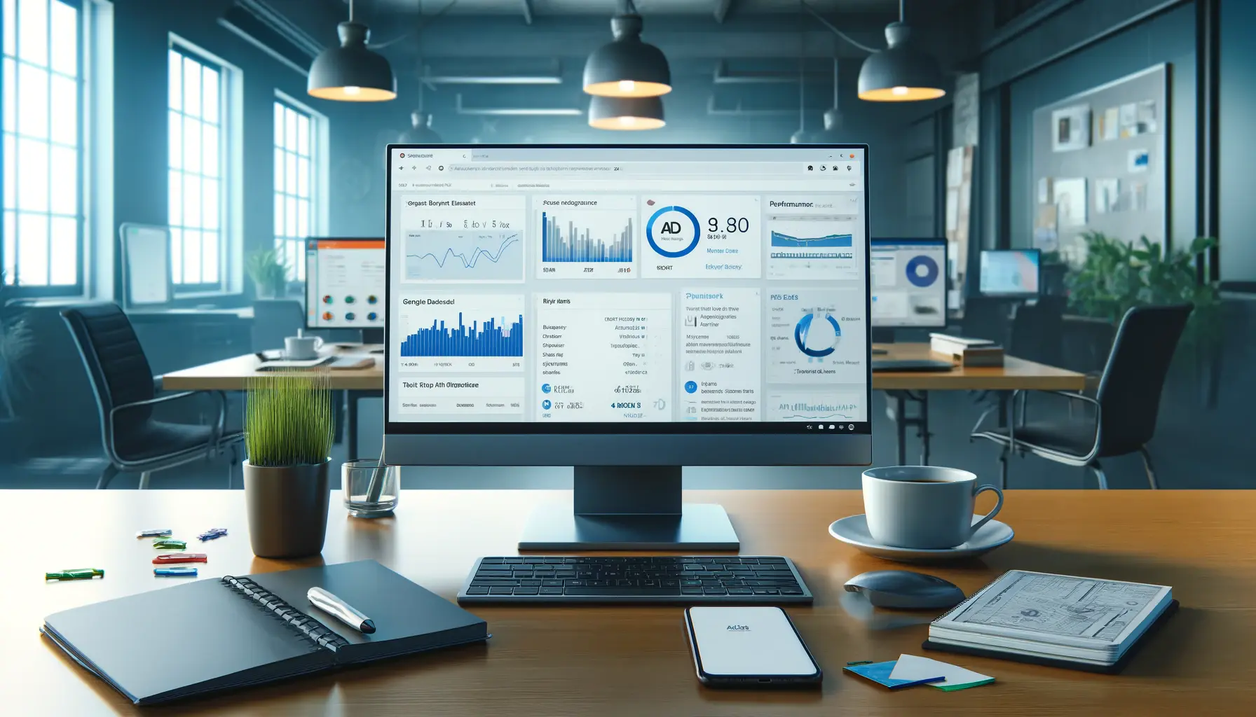 A computer screen displaying a dashboard with analytics tools such as Google Ads Dashboard and Google Analytics, surrounded by a smartphone, notebook, pen, and coffee cup in a modern office setting.