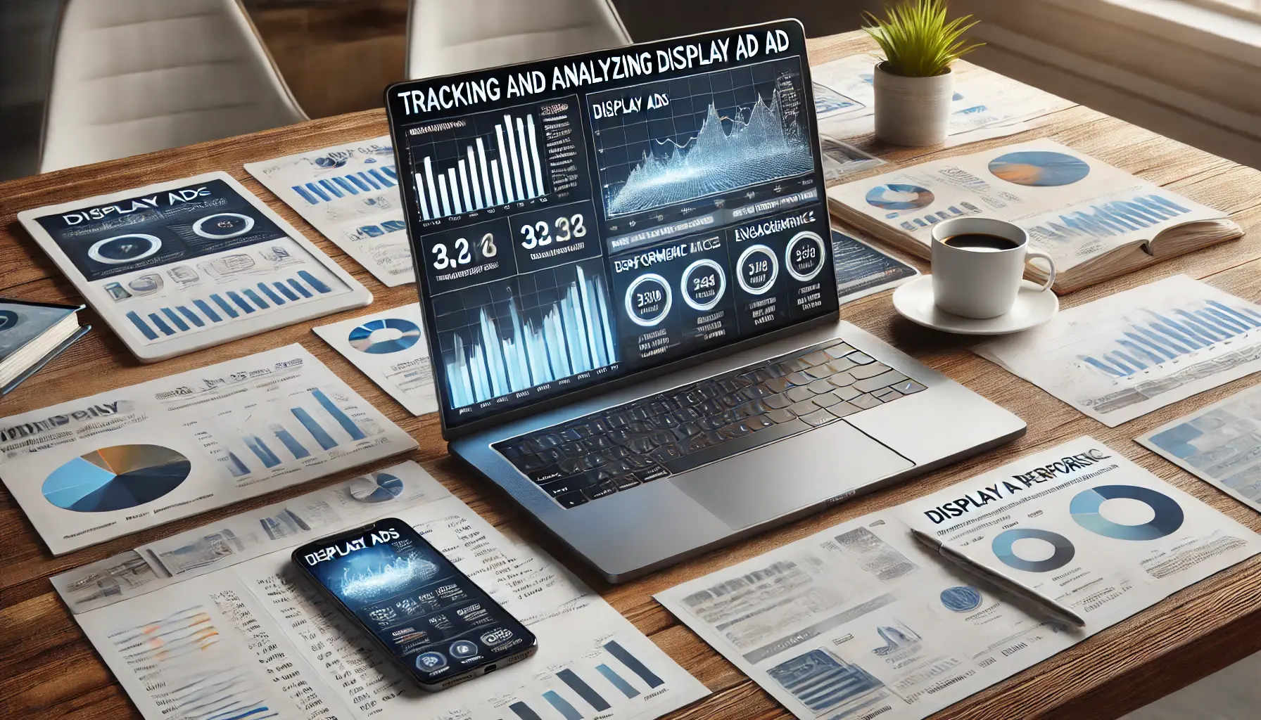 A workspace with a laptop displaying analytics for display ads, showing graphs, performance metrics, and engagement rates.