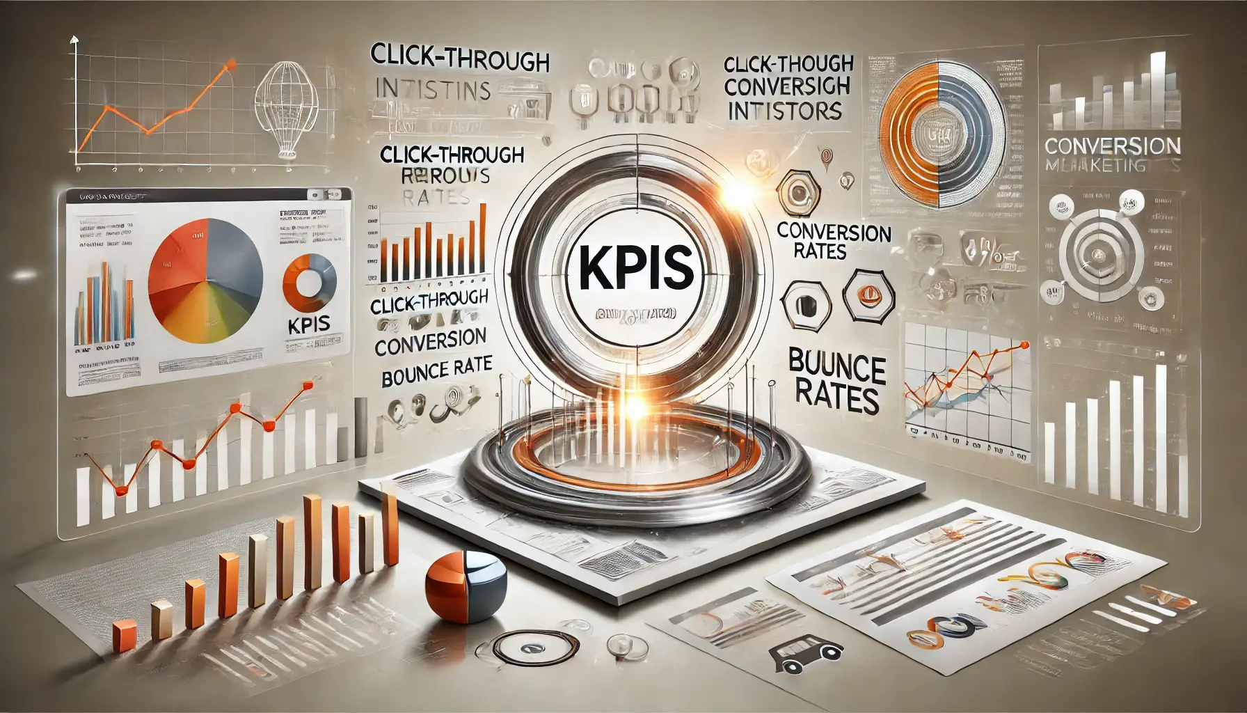 Abstract image showing a digital dashboard with KPIs like click-through rates, conversion rates, and bounce rates, along with data charts and analysis icons.