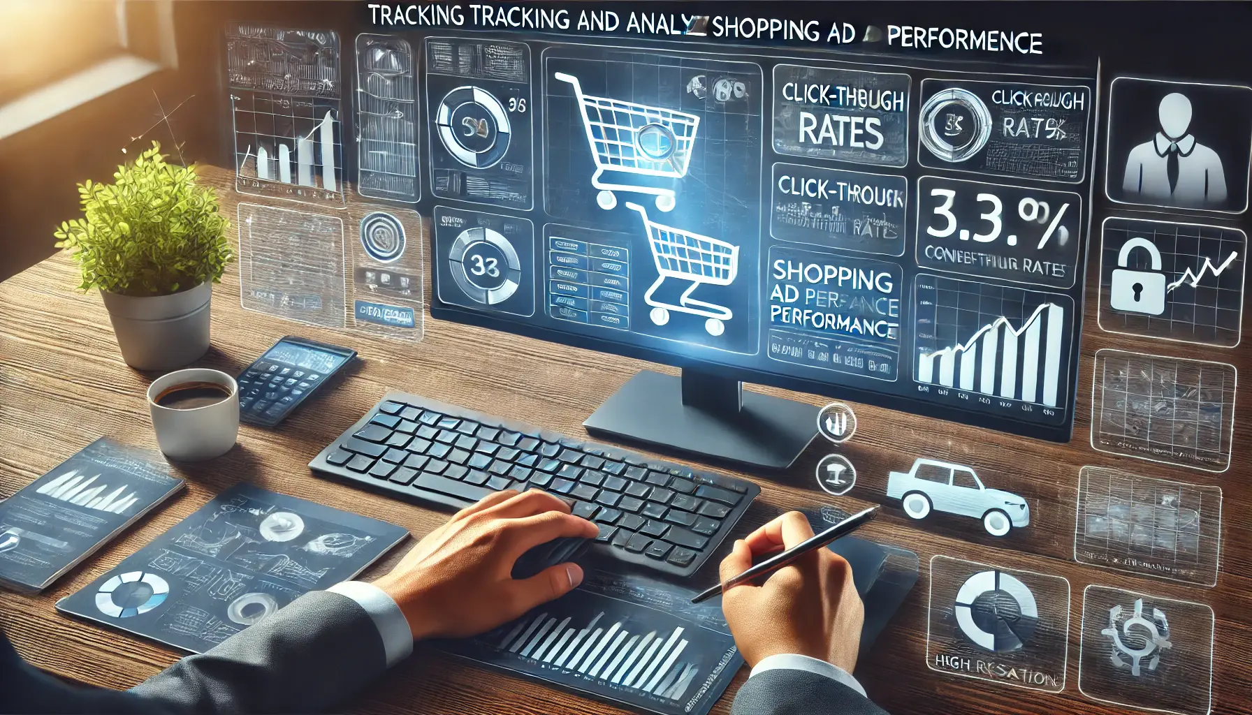 Digital marketing professional analyzing shopping ad performance on a computer with graphs, charts, and performance metrics.