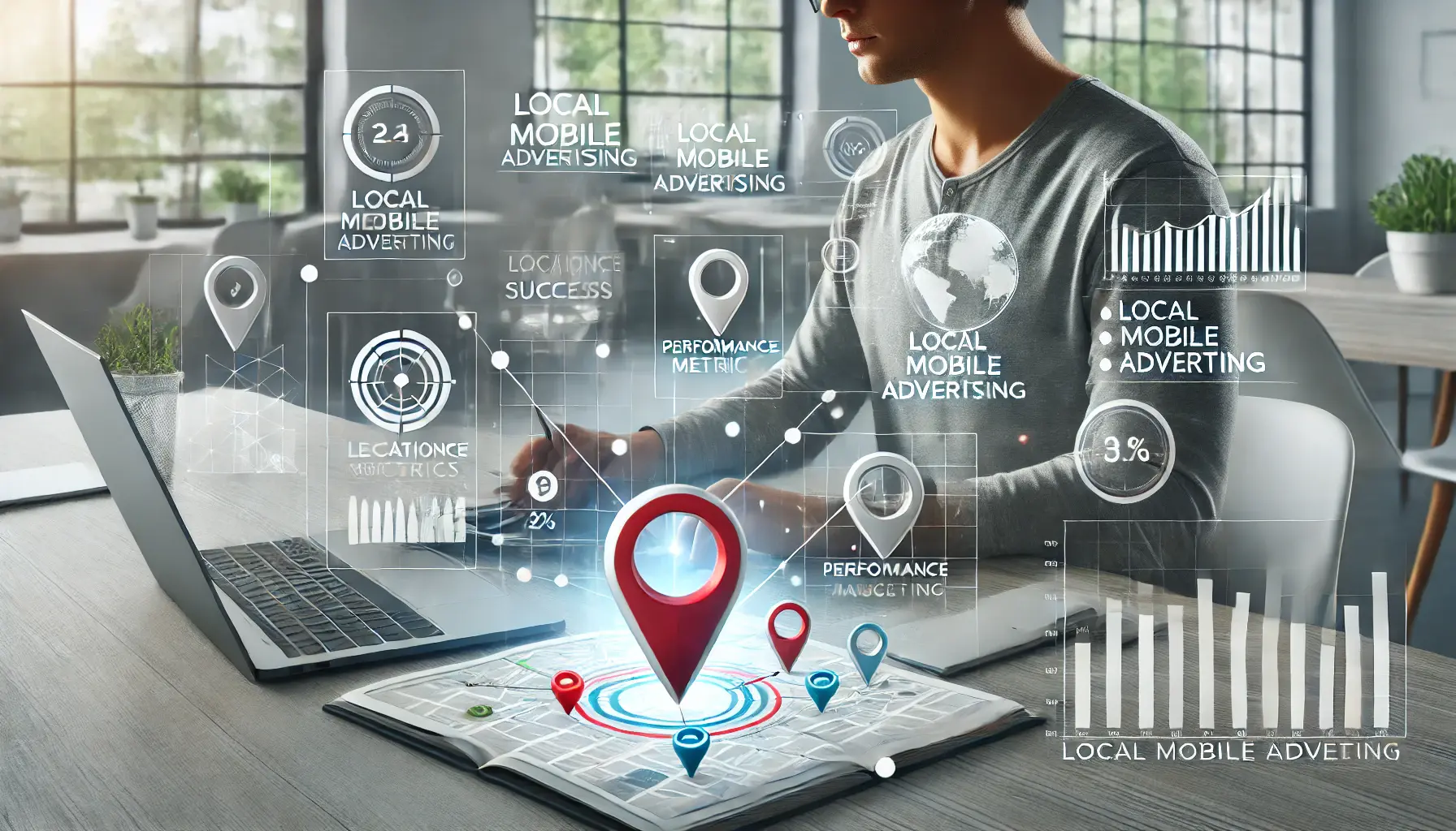 A person analyzing performance metrics on a laptop with graphs, charts, and analytics tools in a modern workspace.