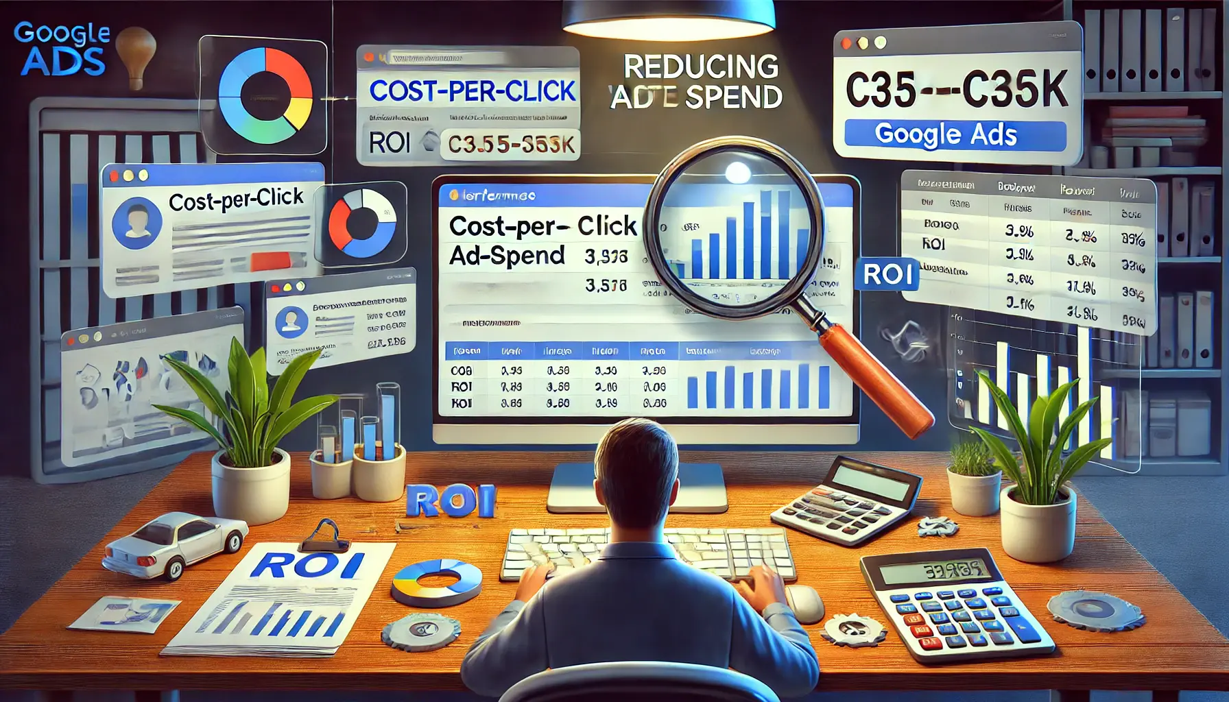 A digital marketer analyzing a dashboard with performance metrics like cost-per-click and ROI, while focusing on reducing wasted ad spend.