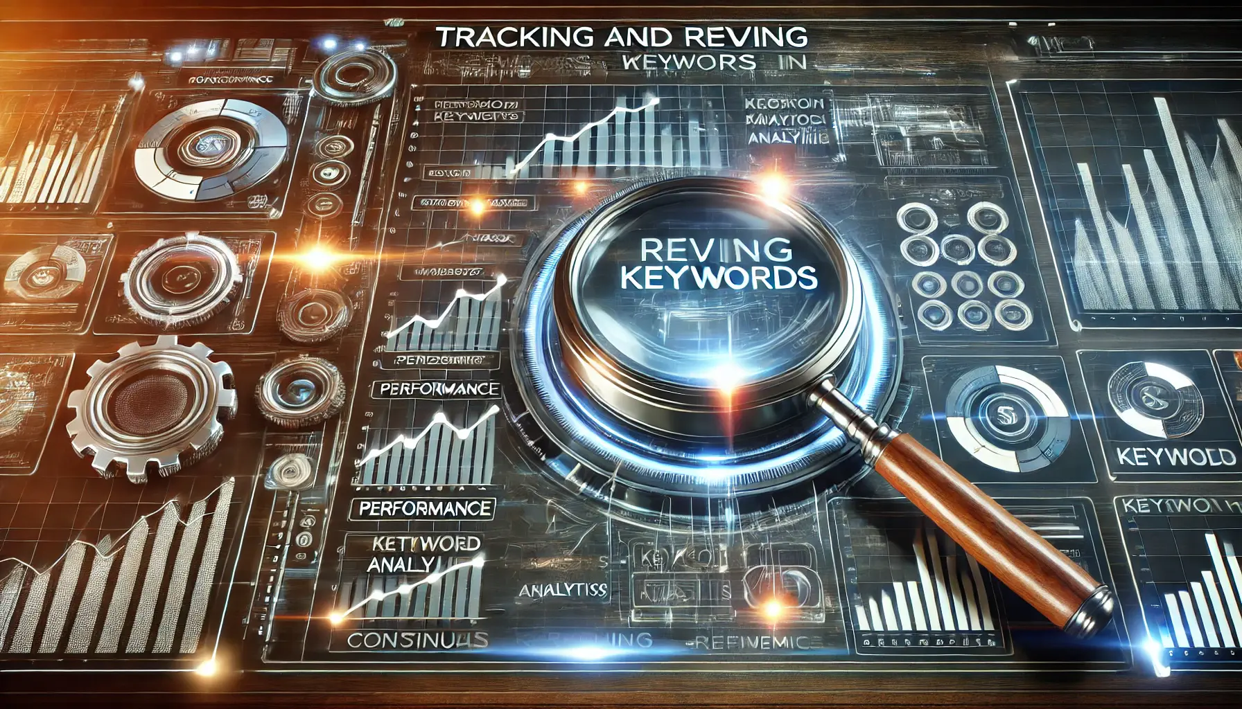 Illustration of keyword tracking and revision with performance graphs, timelines, and analytics tools in a futuristic workspace.