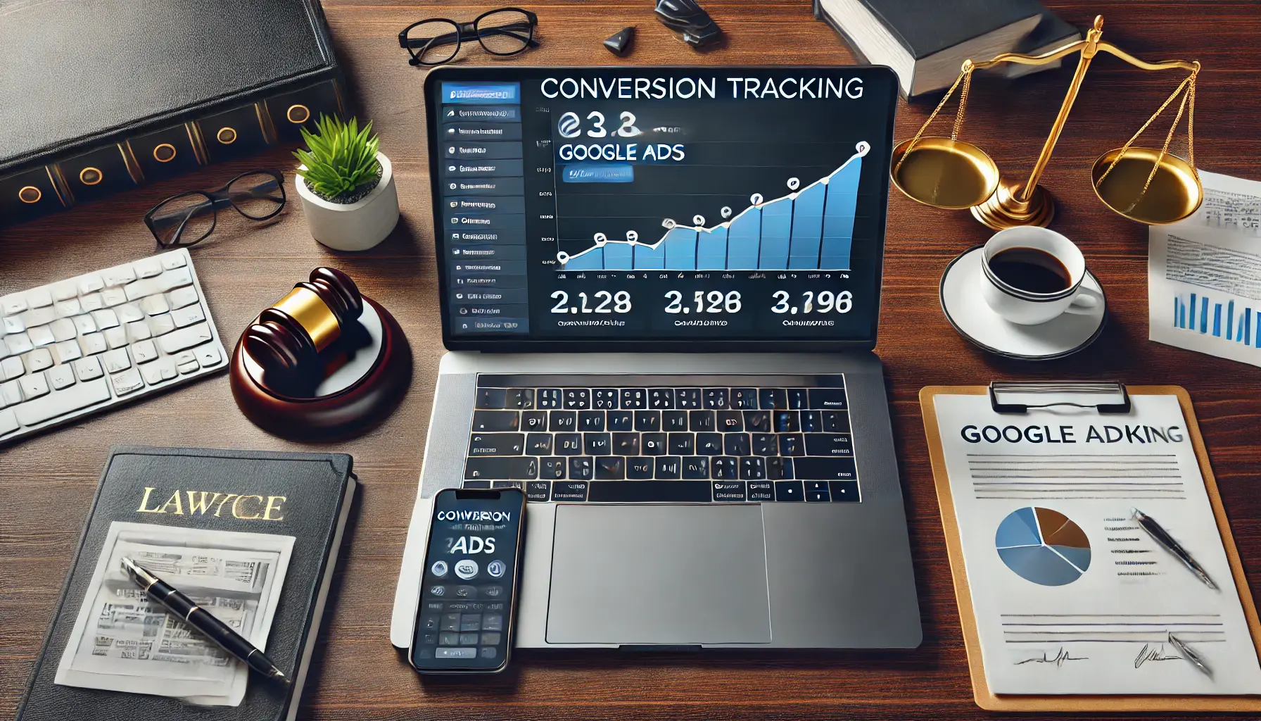 A modern office desk with a laptop showing conversion tracking data and graph, accompanied by legal documents, a smartphone, and a cup of coffee, illustrating the process of tracking conversions.