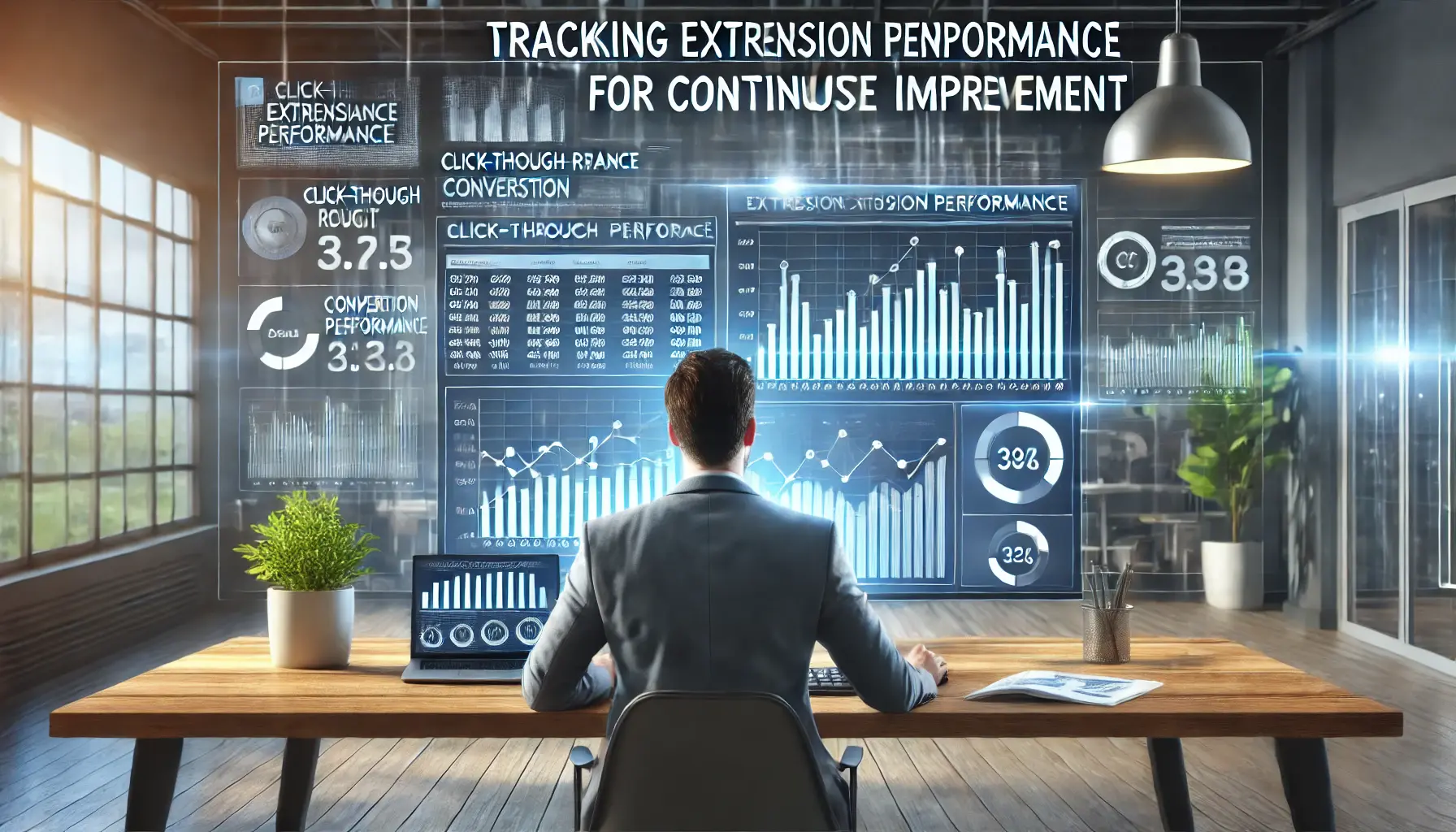 Digital marketing professional analyzing performance data on a screen, with metrics and graphs showing ad extension performance.