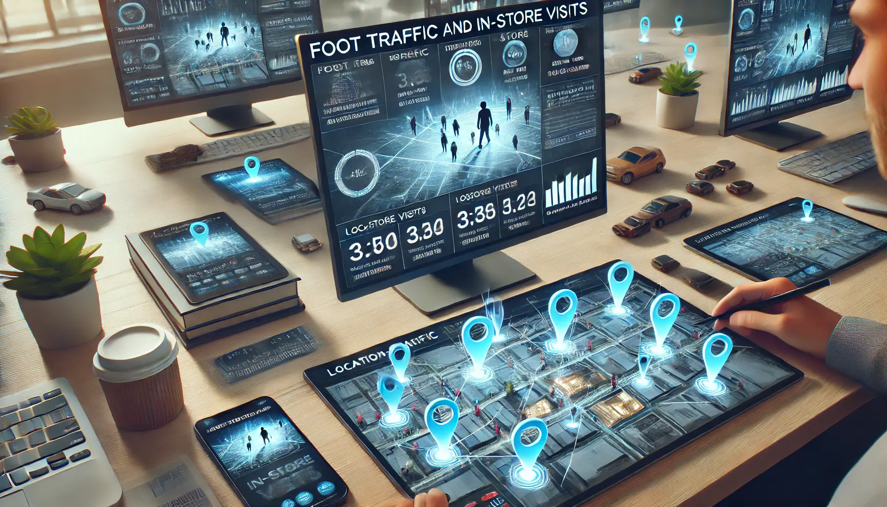 A digital dashboard displaying foot traffic and in-store visit analytics linked to location-based ads, with a map showing store locations and tracking points.