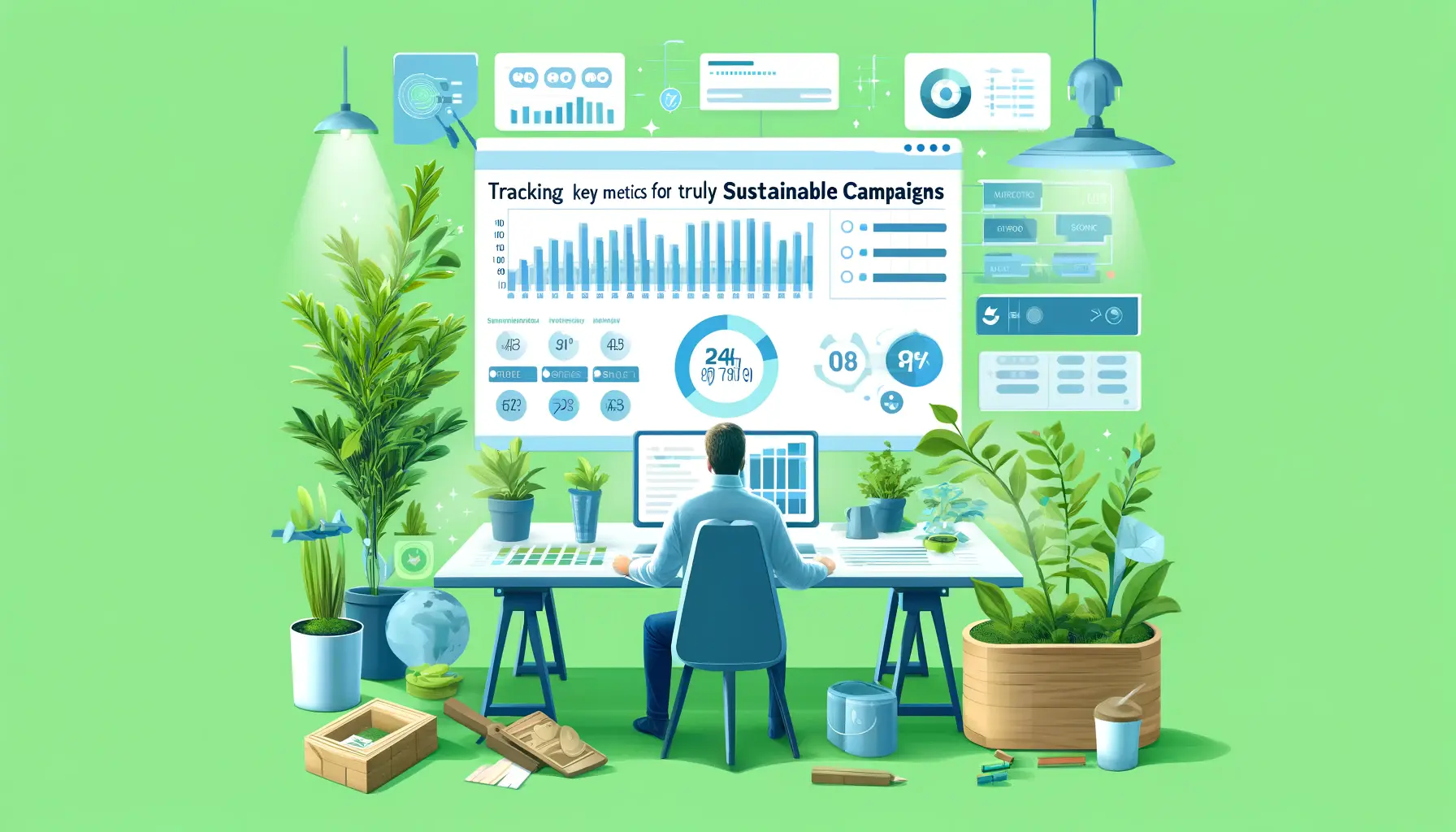 Illustration of a digital marketer analyzing a dashboard with performance data, surrounded by eco-friendly elements like plants and energy-efficient devices.