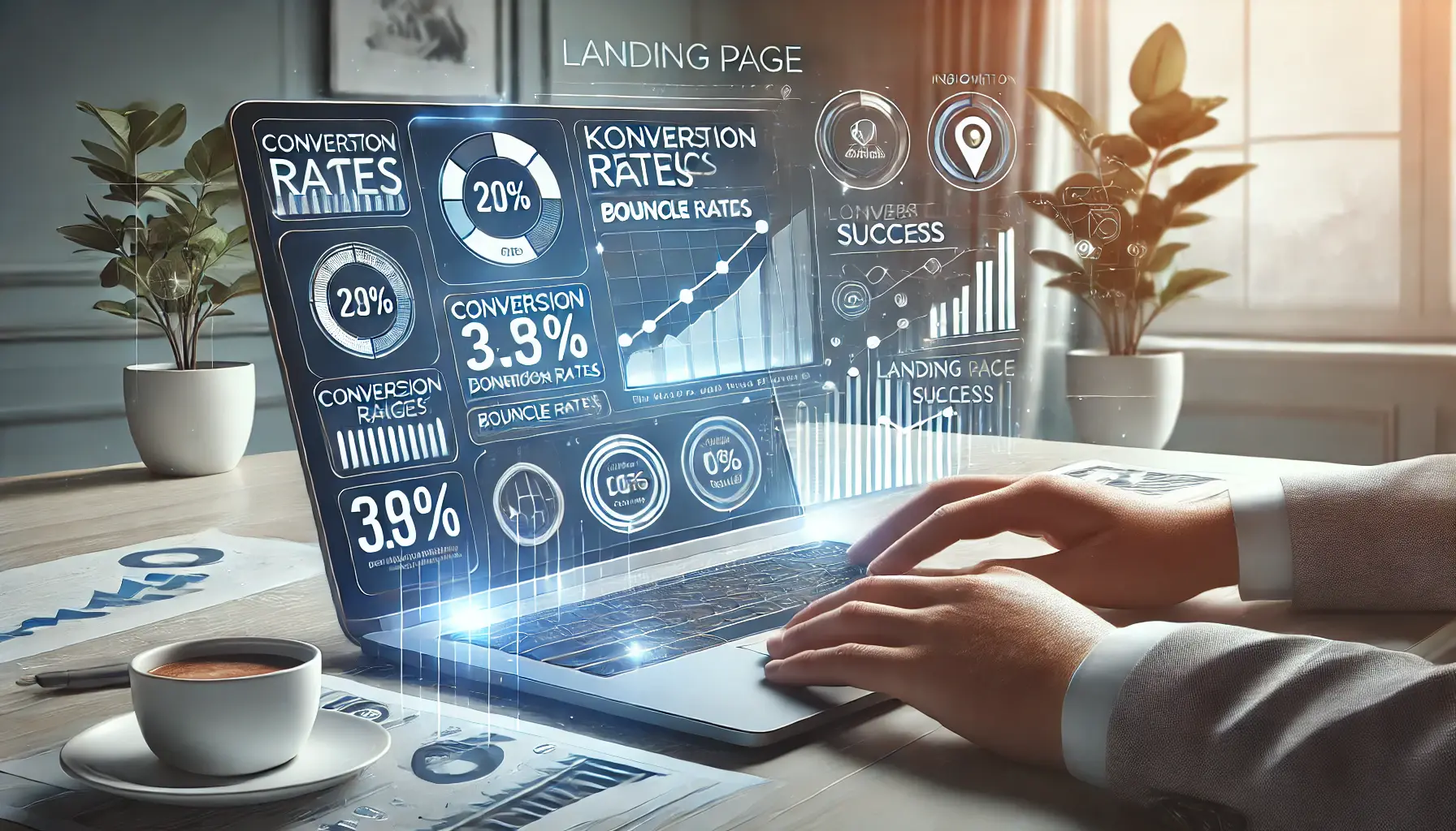 A laptop displaying a dashboard with key performance indicators like conversion rates, bounce rates, and user engagement metrics surrounded by analytics icons.