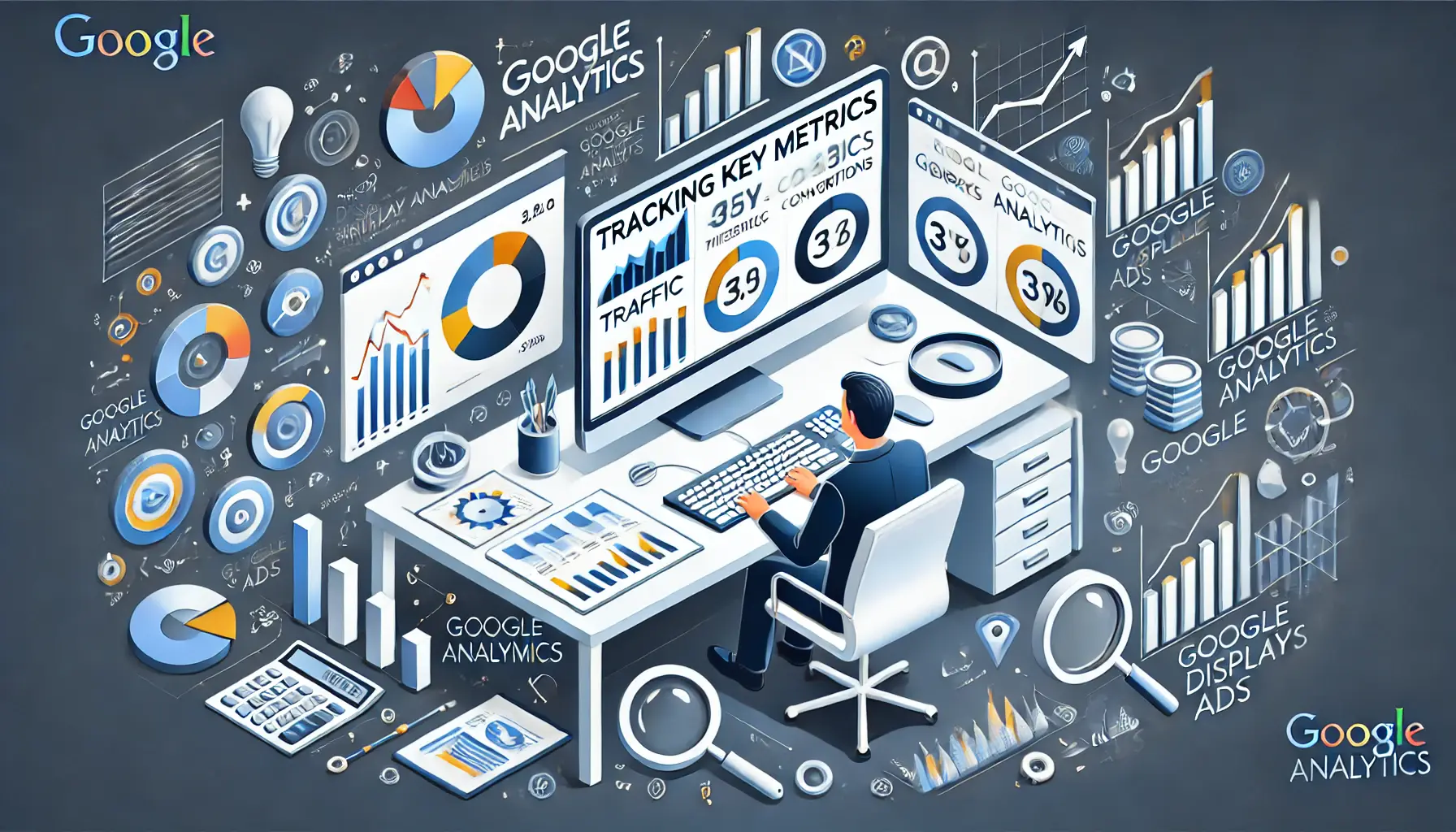 A professional workspace with a computer displaying Google Analytics dashboards showing traffic, conversions, and user behavior, surrounded by data analysis and performance tracking icons.