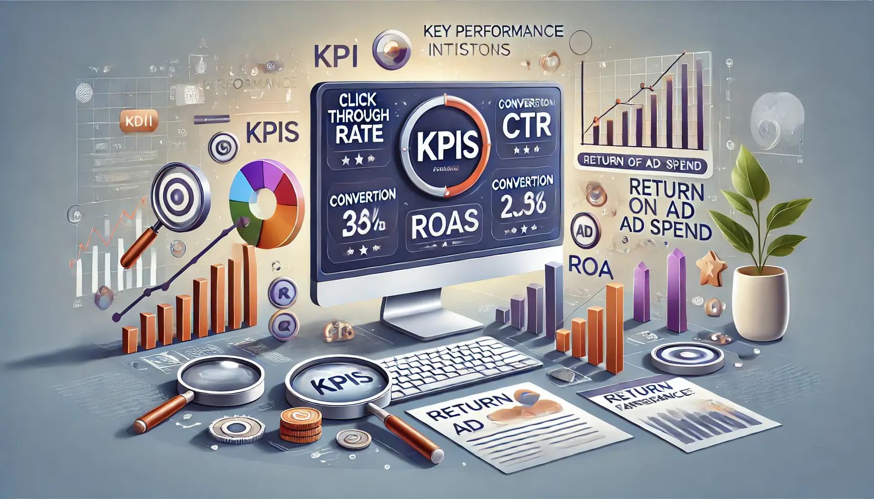 An illustration of tracking key performance indicators (KPIs) for event promotion, showing metrics like CTR, conversion rate, and ROAS.