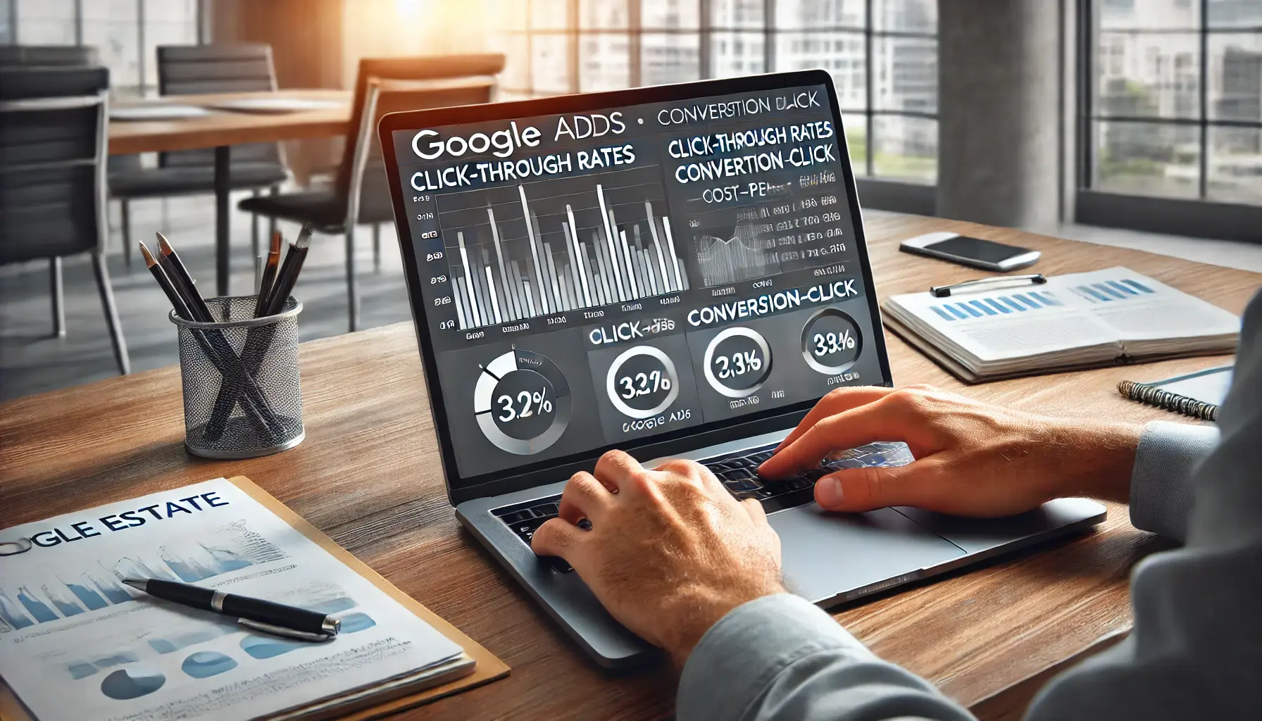 A real estate agent analyzing key performance metrics on a laptop, with charts and graphs displaying click-through and conversion rates.