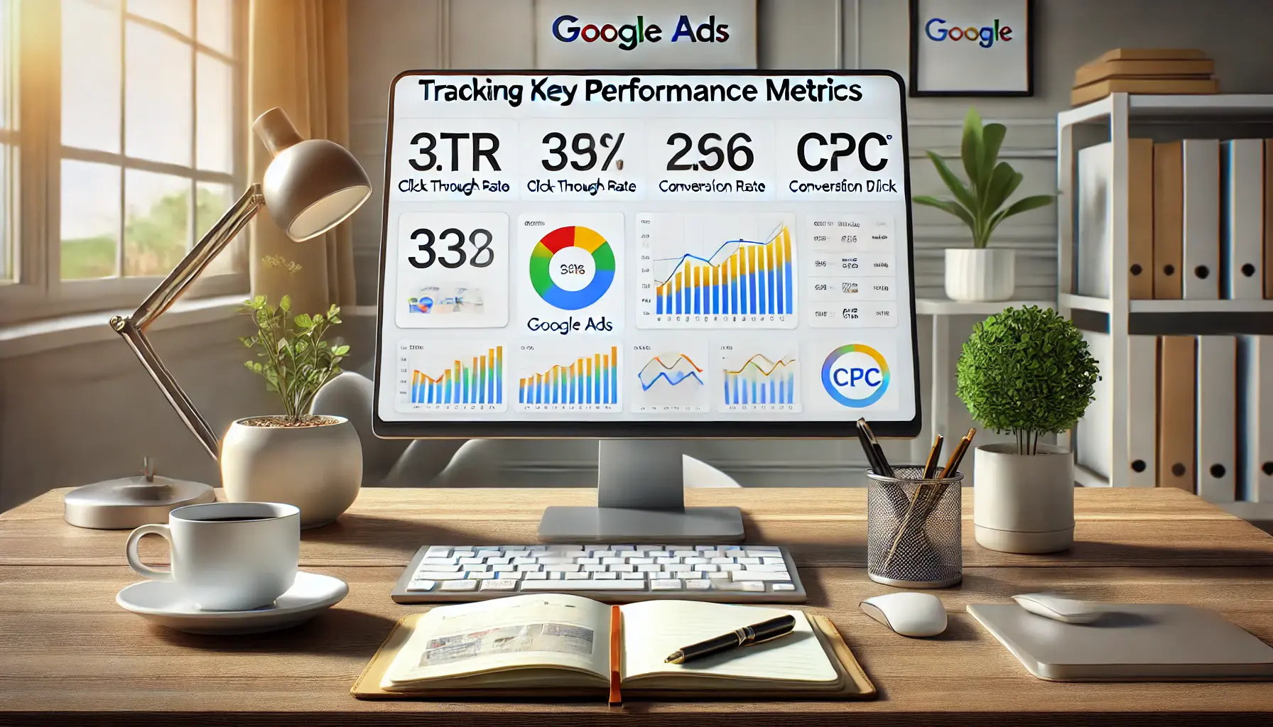 A modern workspace with a computer screen displaying Google Ads performance metrics like CTR, conversion rate, and CPC.