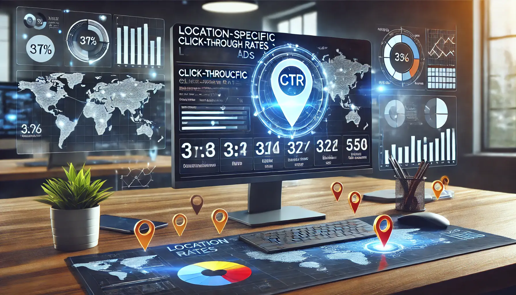 A computer screen displaying a CTR dashboard with graphs and heat maps showing the performance of location-based ads across different regions.