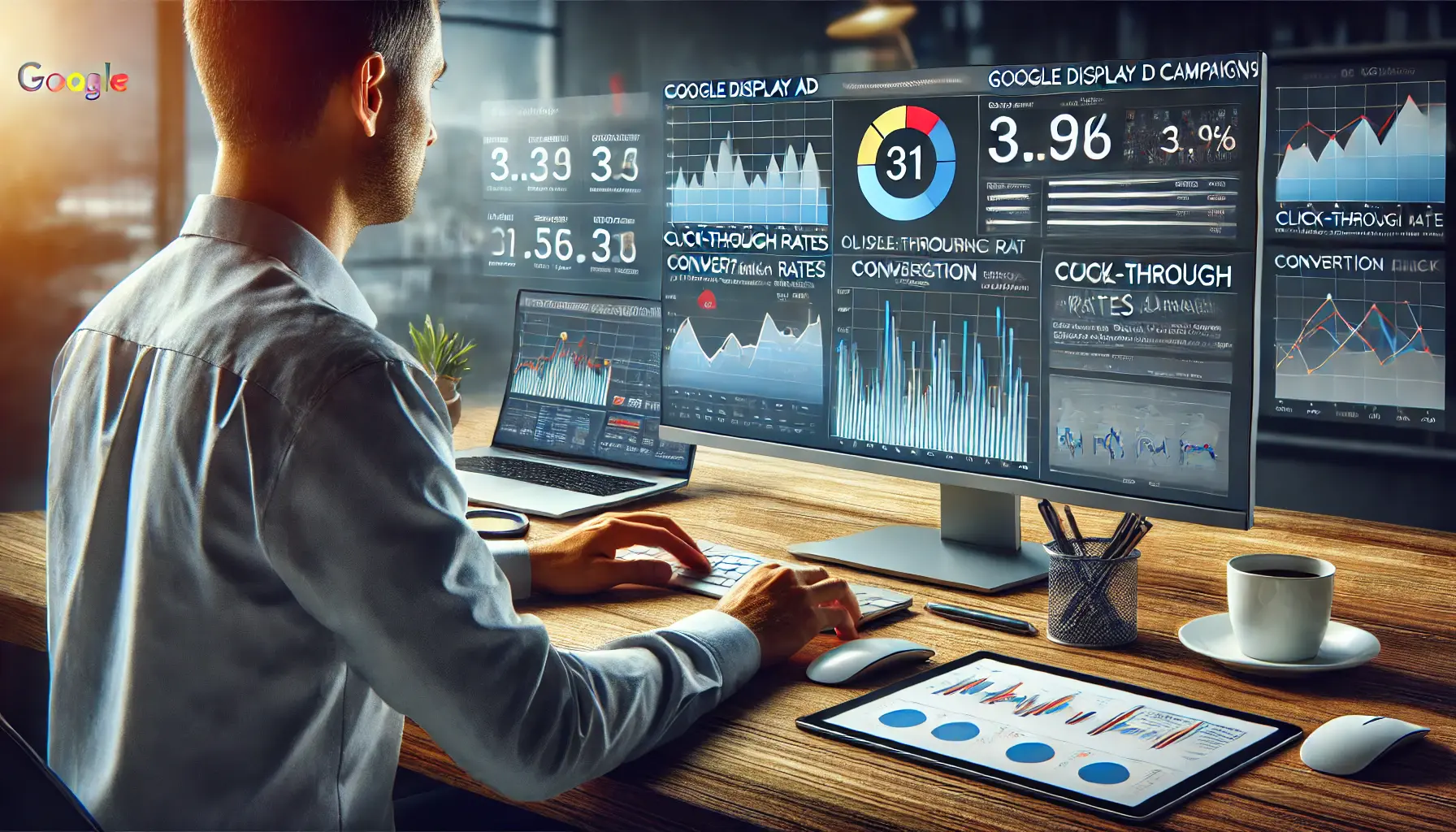 An image of a professional analyzing performance metrics for a Google Display Ad campaign, with graphs and charts showing key data points.