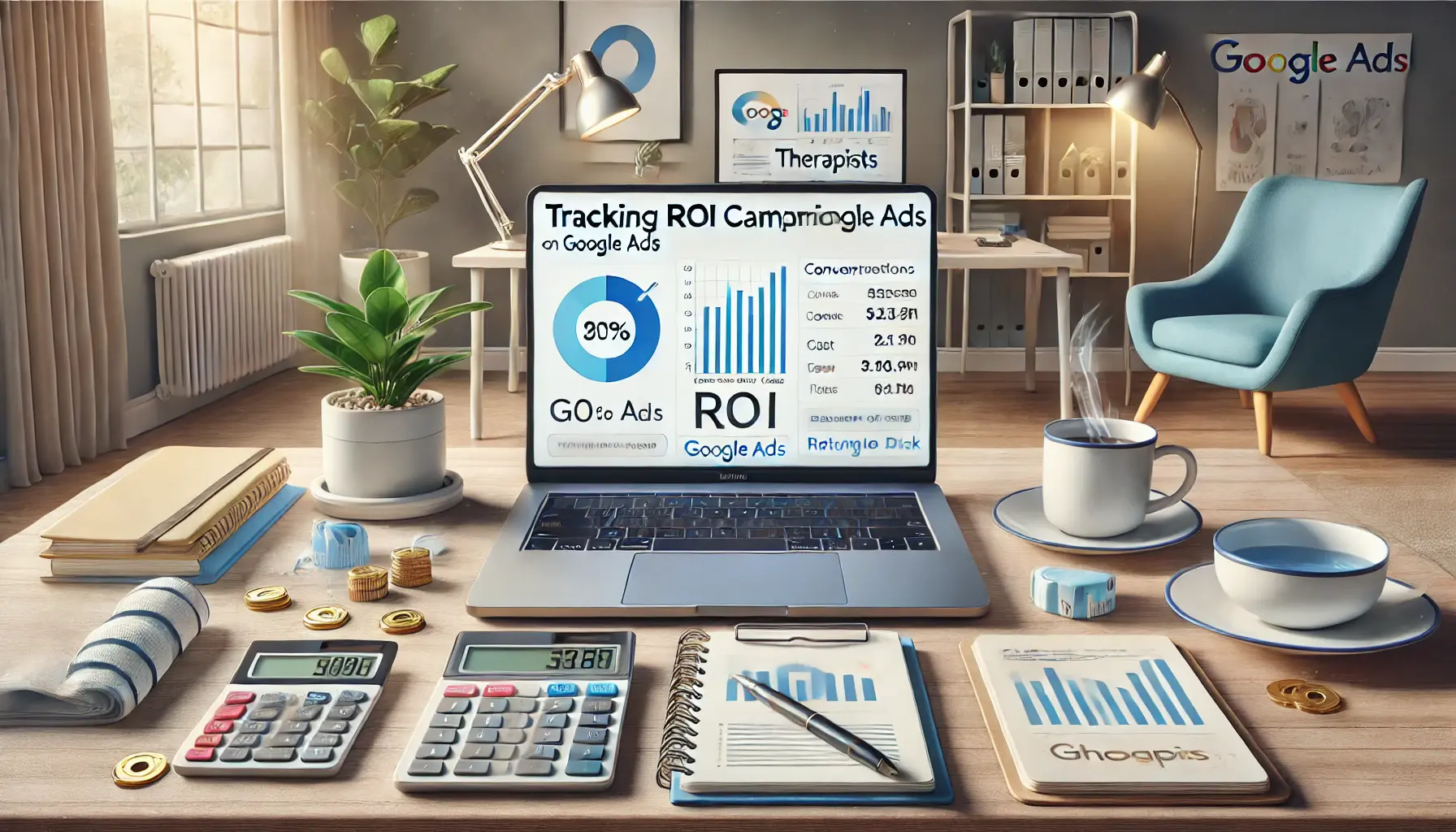 An image showing a Google Ads ROI dashboard on a laptop with metrics and analysis tools in a therapy office setting.