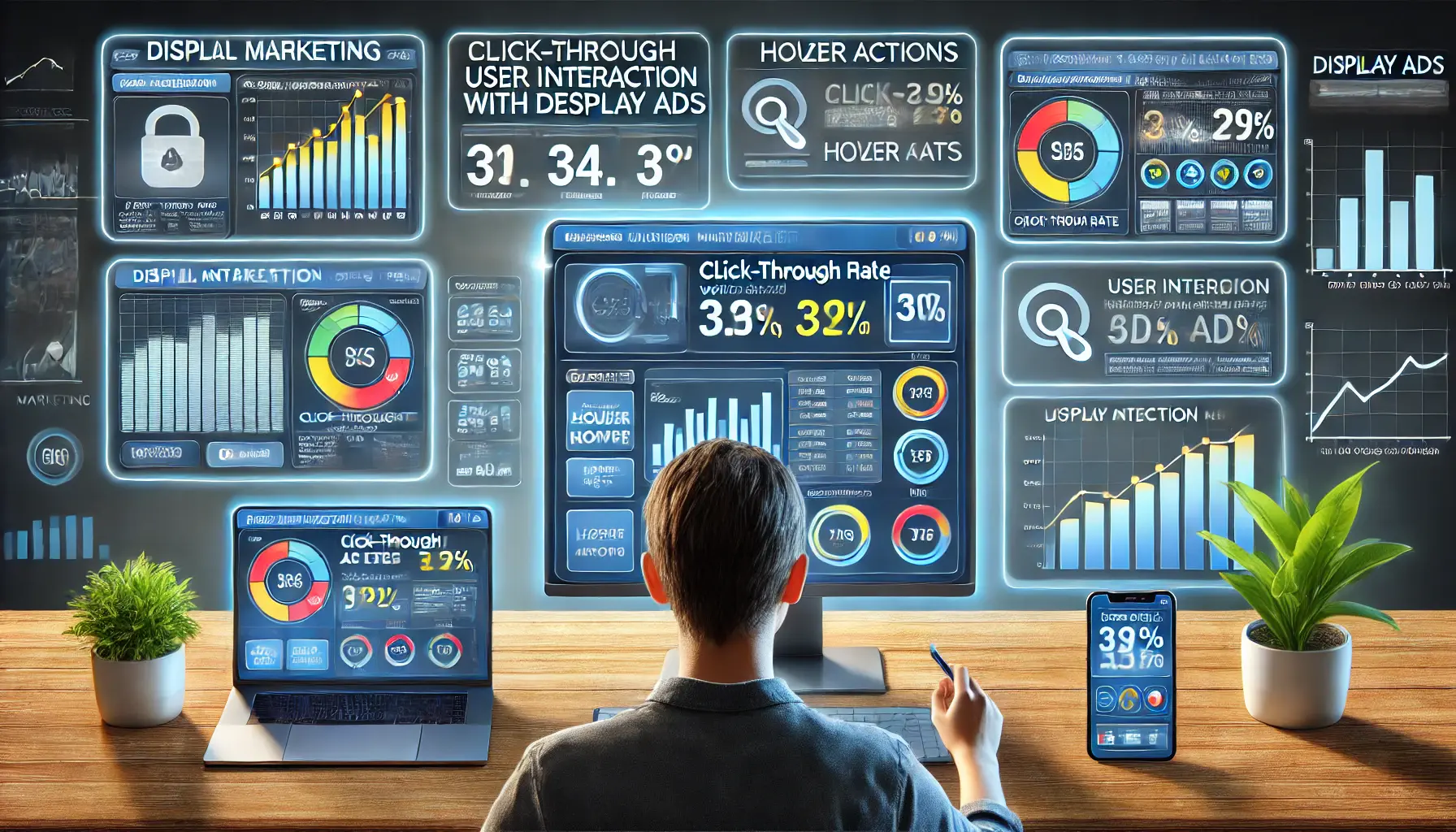 Image showing a marketer analyzing a digital dashboard with user engagement metrics, including click-through rates and heatmaps, across multiple devices.