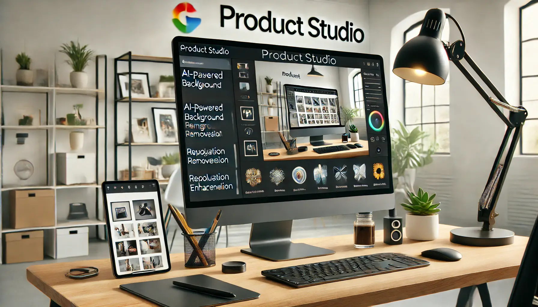 A computer screen displaying transformative features of Google's Product Studio, including AI-powered background removal and resolution enhancement.