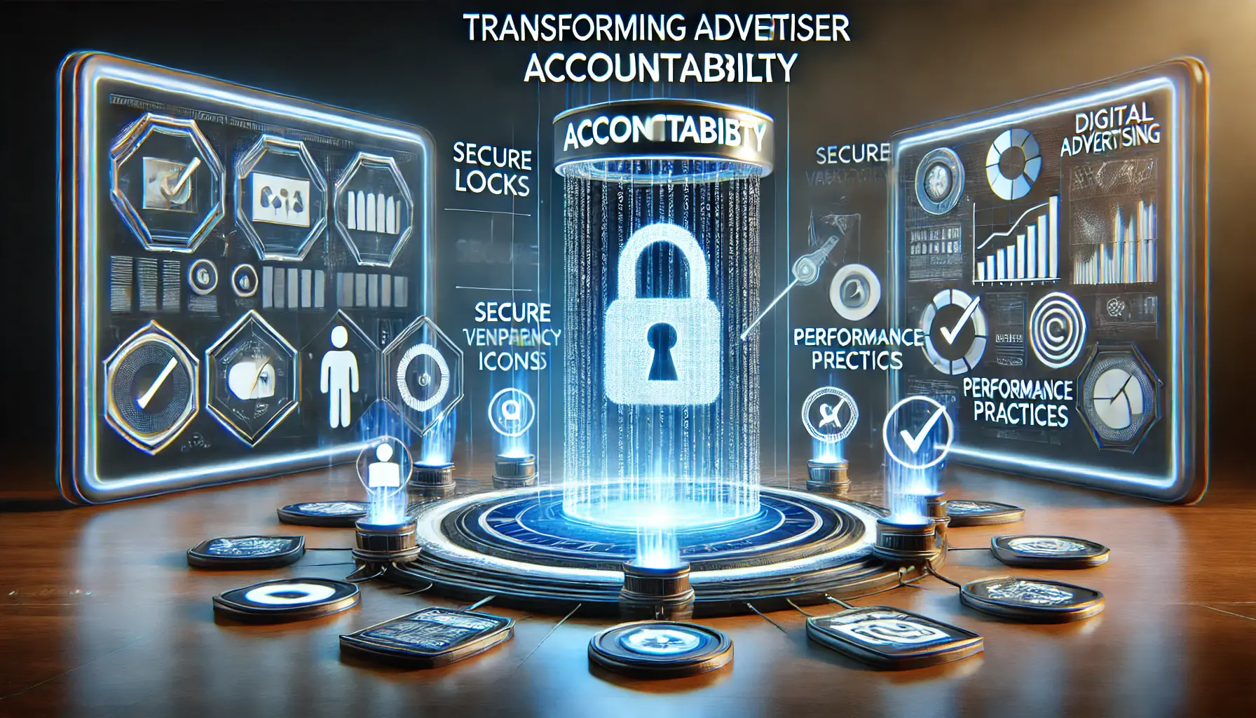 A conceptual visualization of transforming advertiser accountability, with elements like secure locks, verification icons, and performance metrics.