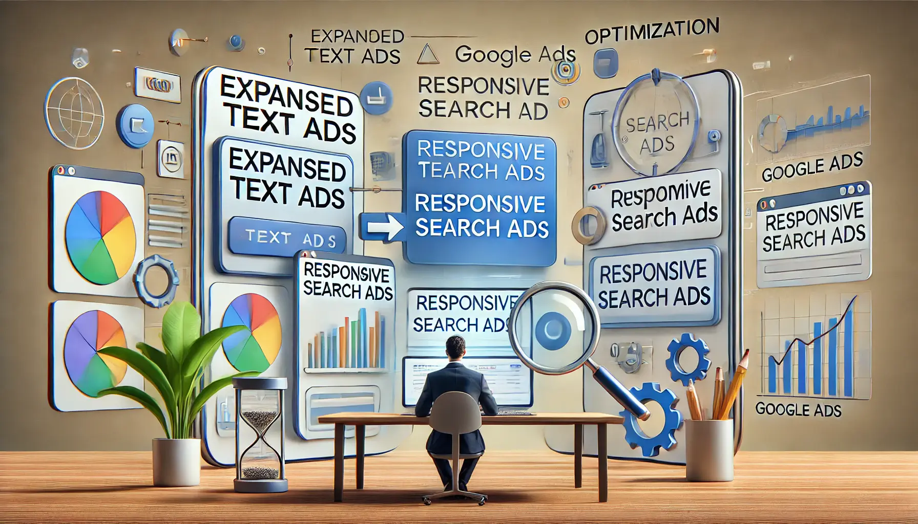 A marketer reviewing two types of ad formats on a digital dashboard: Expanded Text Ads and Responsive Search Ads, with flowcharts and optimization icons.