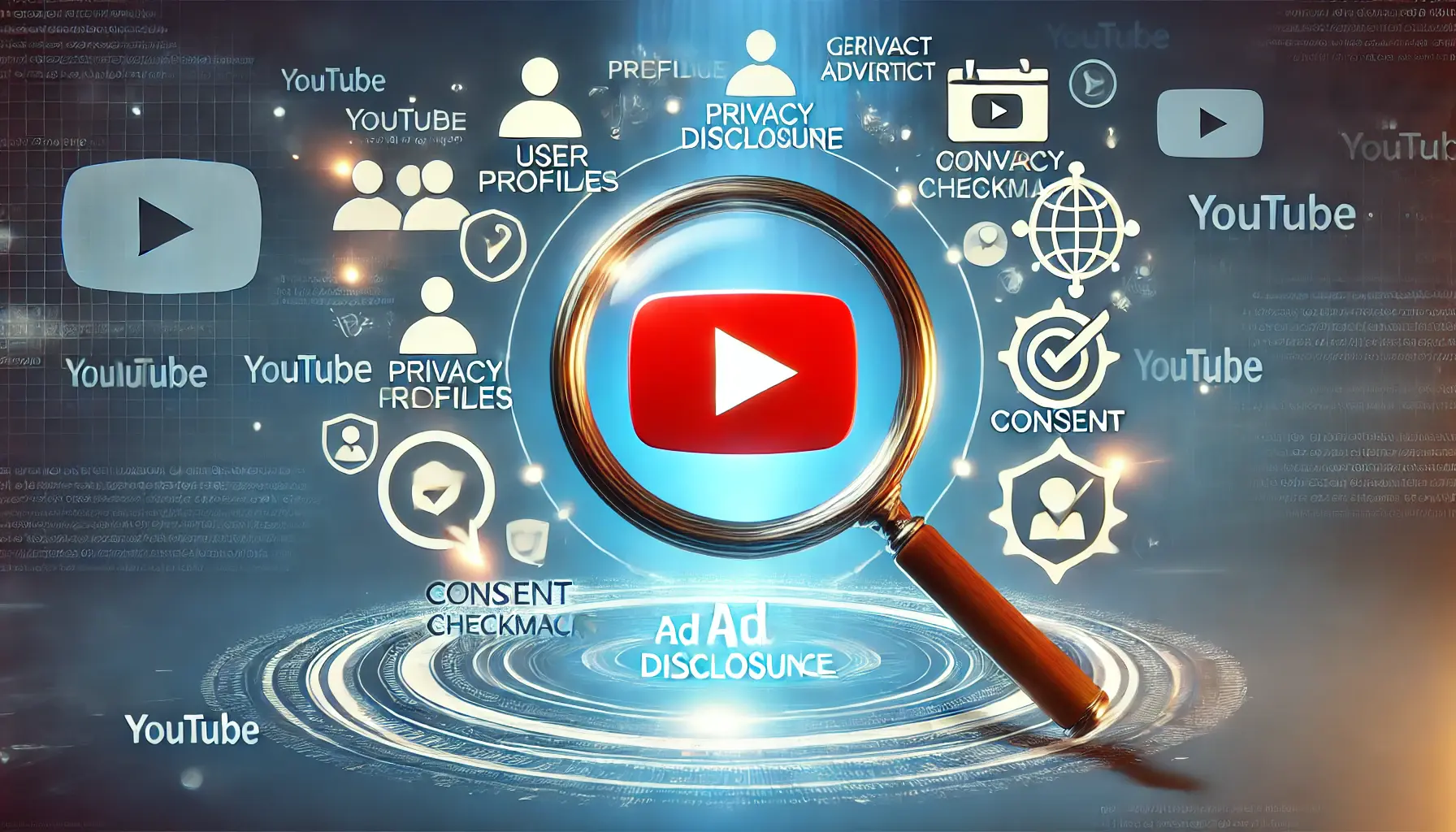 A magnifying glass hovering over a glowing YouTube play button, surrounded by privacy shields, user profiles, and consent icons, symbolizing transparency in advertising.