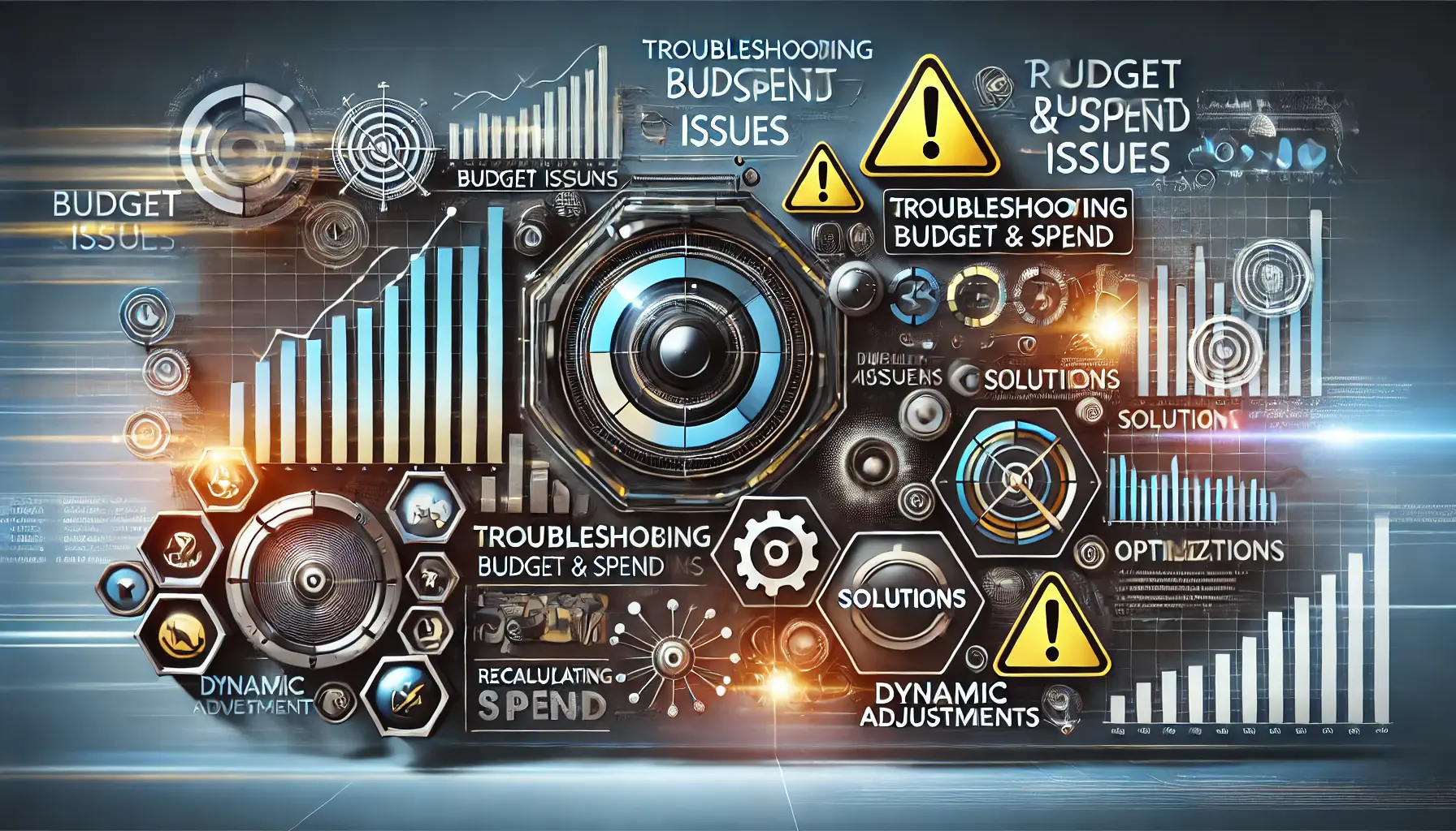 A visual representation of troubleshooting budget and spend issues in digital advertising, showcasing financial tracking, pie charts, and caution signs.