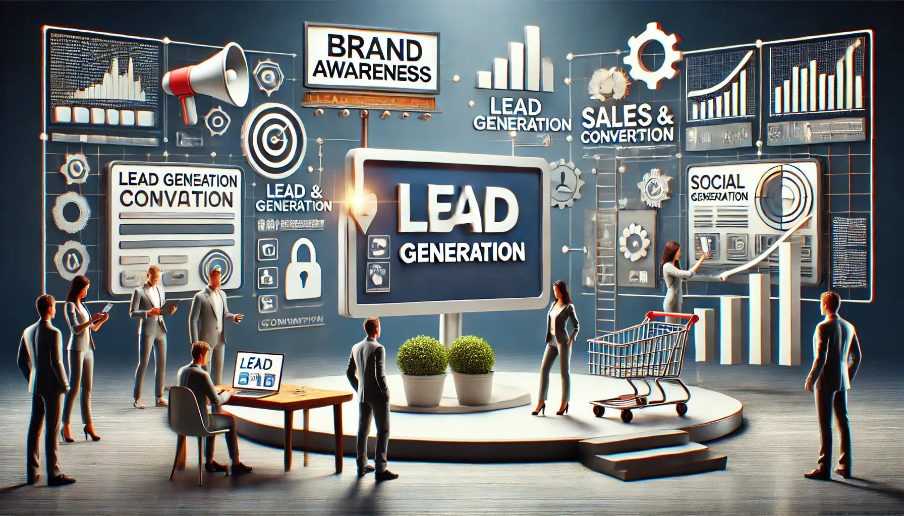 A digital marketing scene illustrating various ad campaign goals with symbolic representations like a digital screen, e-commerce setup, and social media notifications.