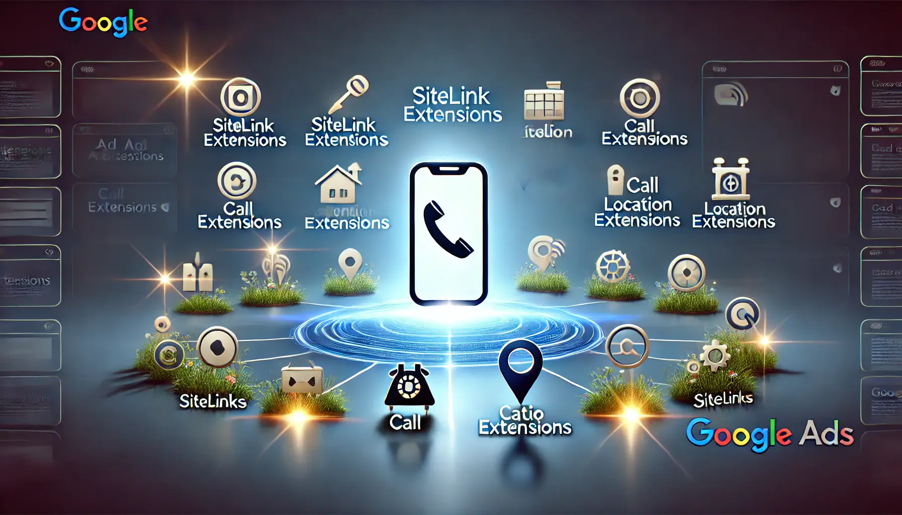 A visual representation of different Google Ads extension types like sitelinks, call extensions, and location extensions, each represented by distinct icons.