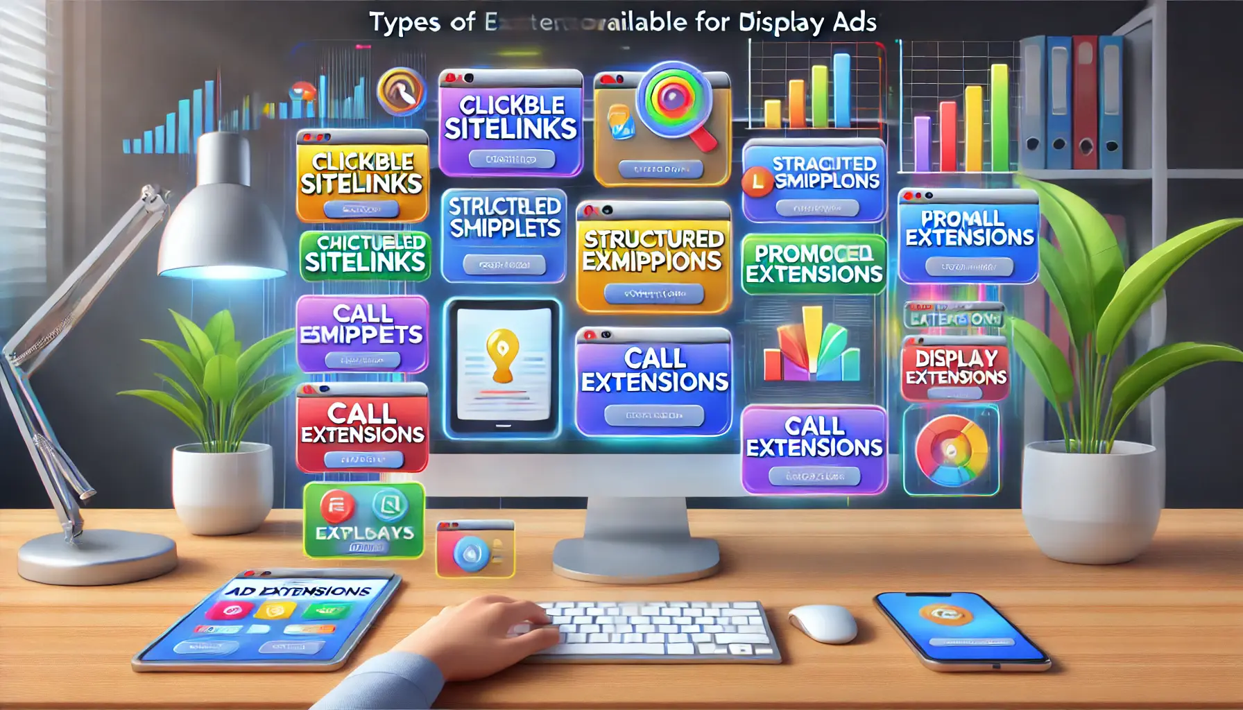 A digital interface showing icons for various ad extensions like sitelinks, snippets, call extensions, and promotions, on a desktop and tablet.