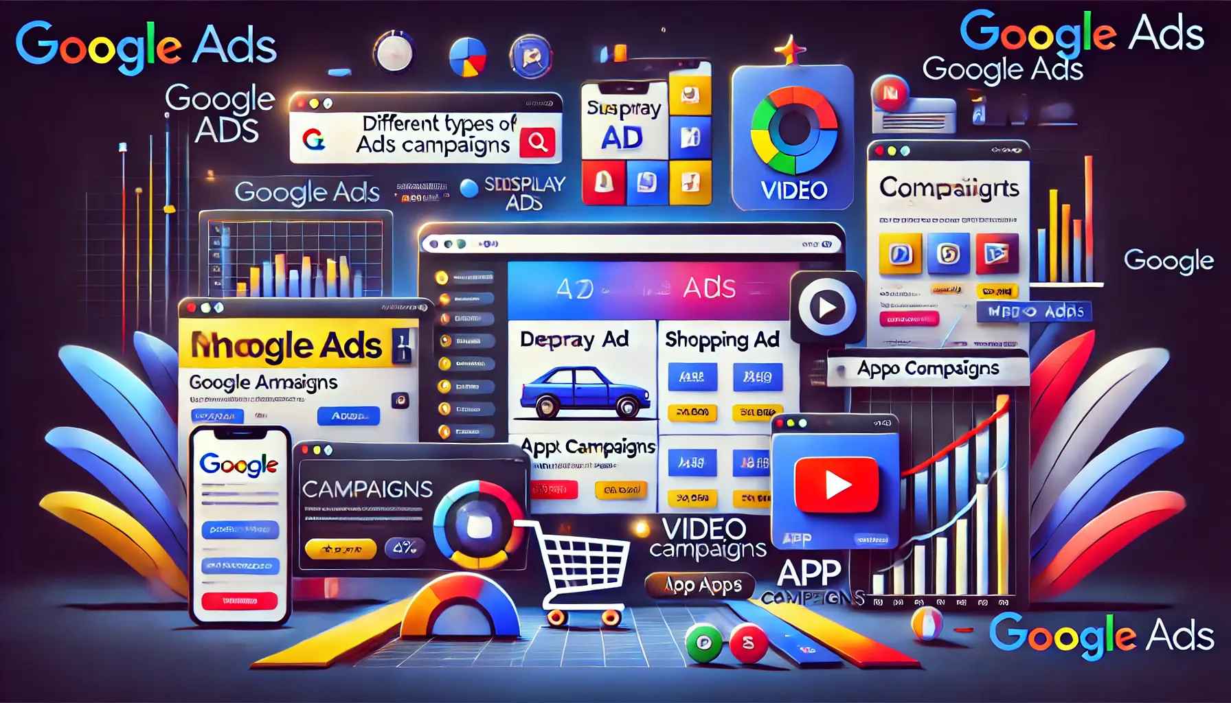 A visual representation of various Google Ads campaigns, including search, display, shopping, video ads, and app campaigns.