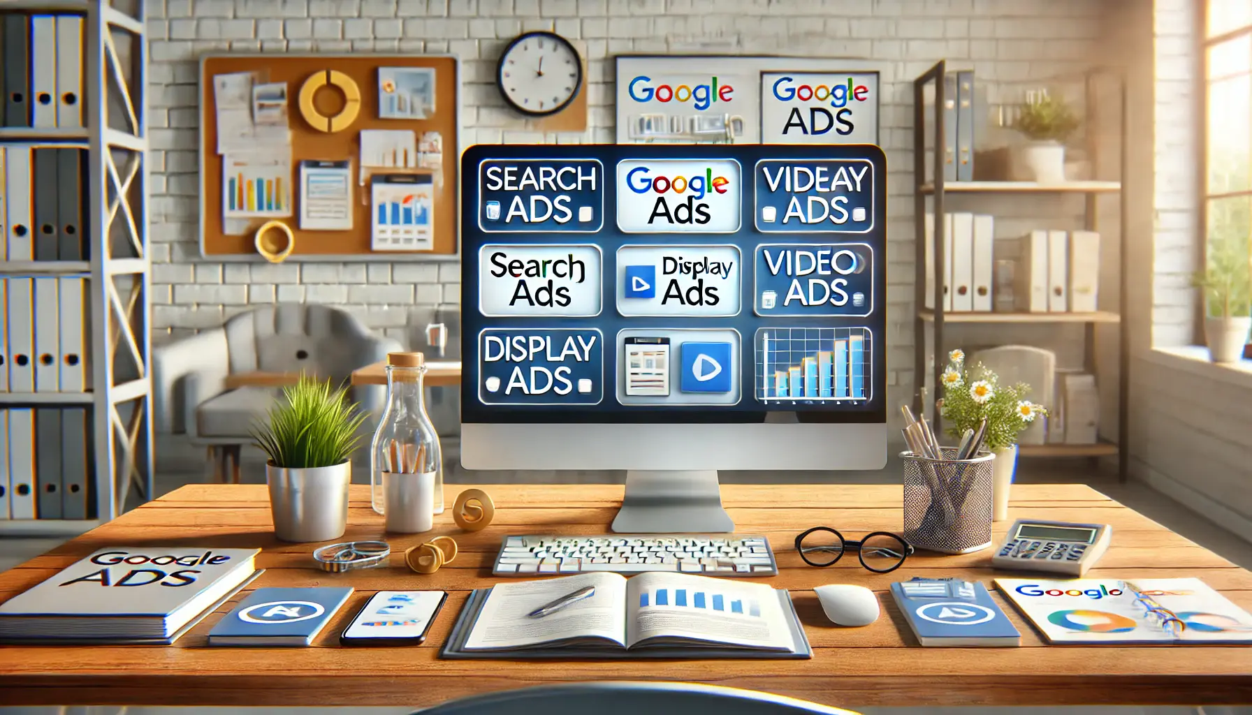 A computer screen displaying icons or visuals representing various Google Ads campaigns such as search ads, display ads, video ads, and shopping ads, surrounded by a notepad, smartphone, and marketing report in a modern office setting.